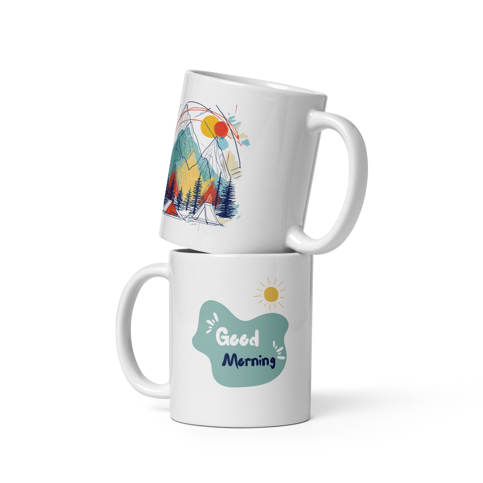 Romantic Mountain Tent Mug 11oz with colourful outdoor camping illustration and Good Morning text, ceramic coffee cup for hikers and adventure lovers
