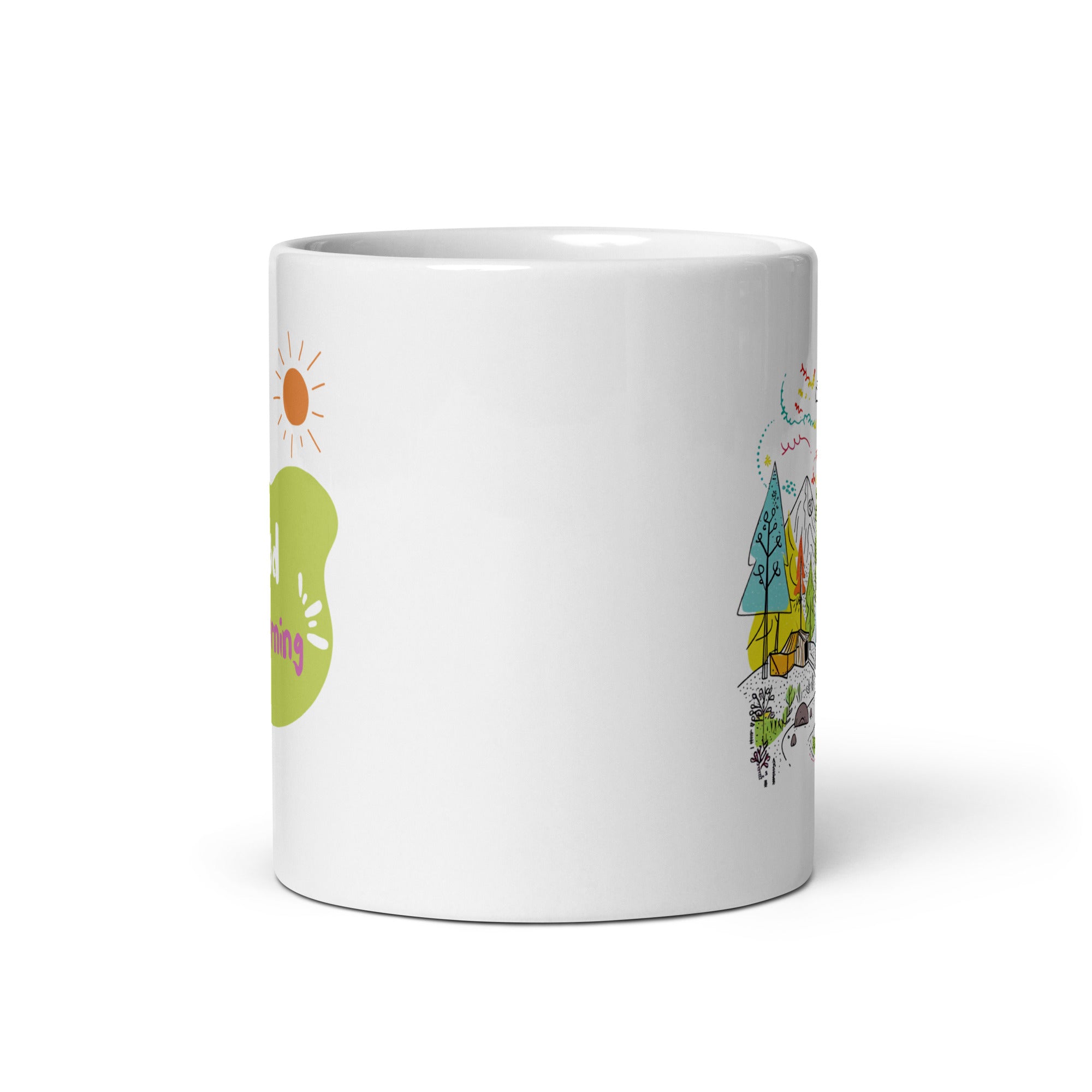 Reverse side of camping mug with "Good Morning" text and sun design – ceramic coffee cup
