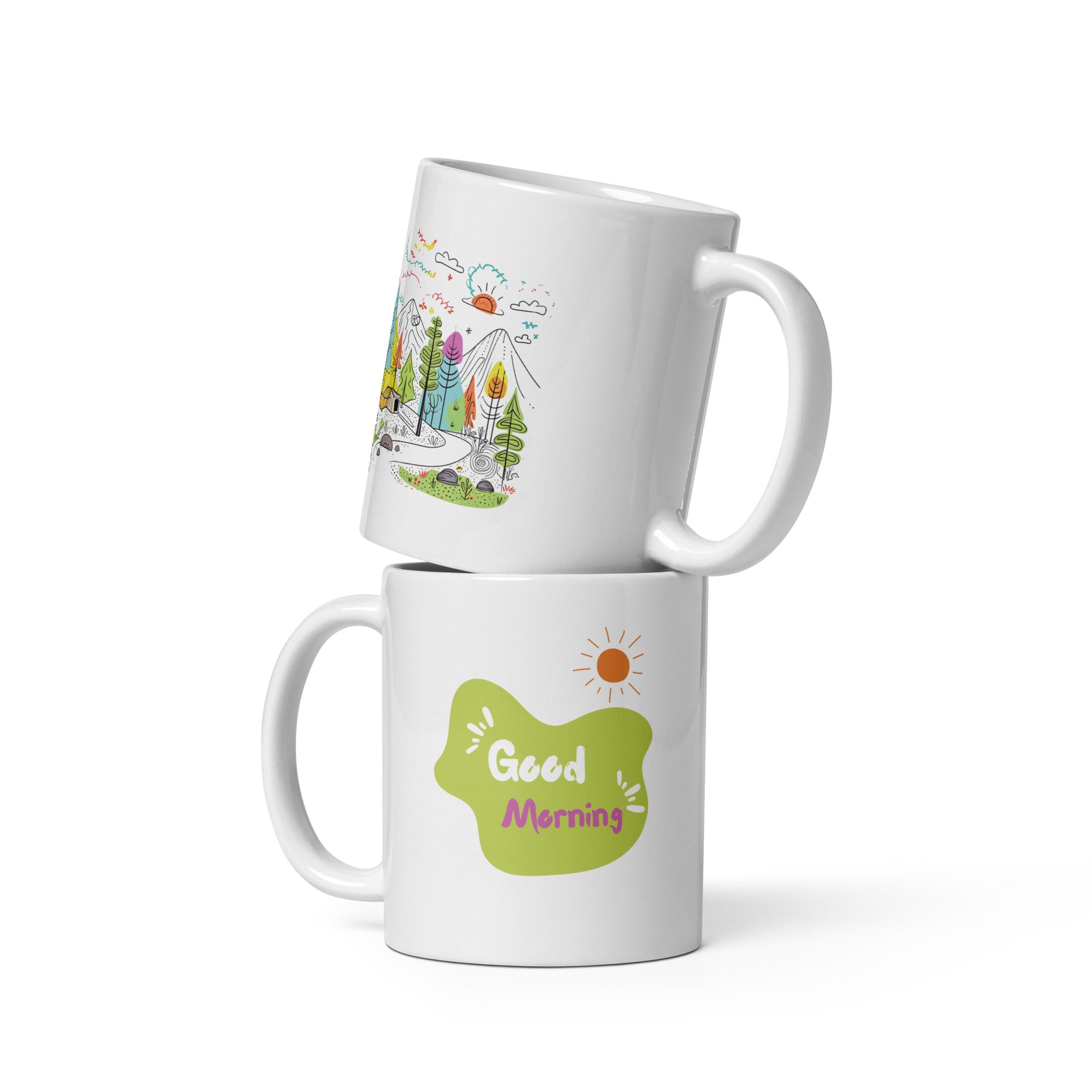 Reverse side of camping mug with "Good Morning" text and sun design – ceramic coffee cup
