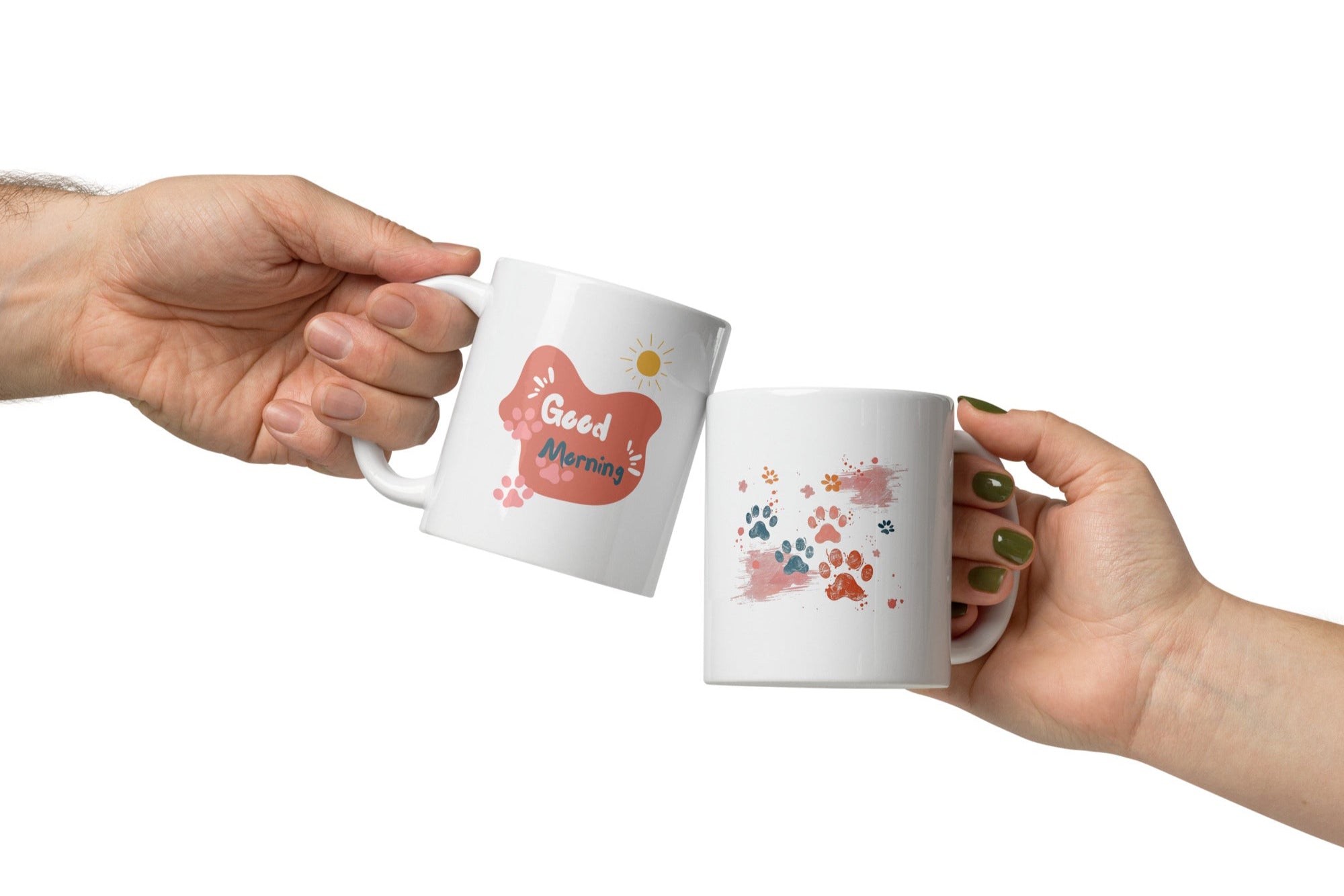 A set of two ceramic mugs, one with a splash of colorful paw prints and the other with a 'Good Morning' message in soft pink, both with animal-themed designs.