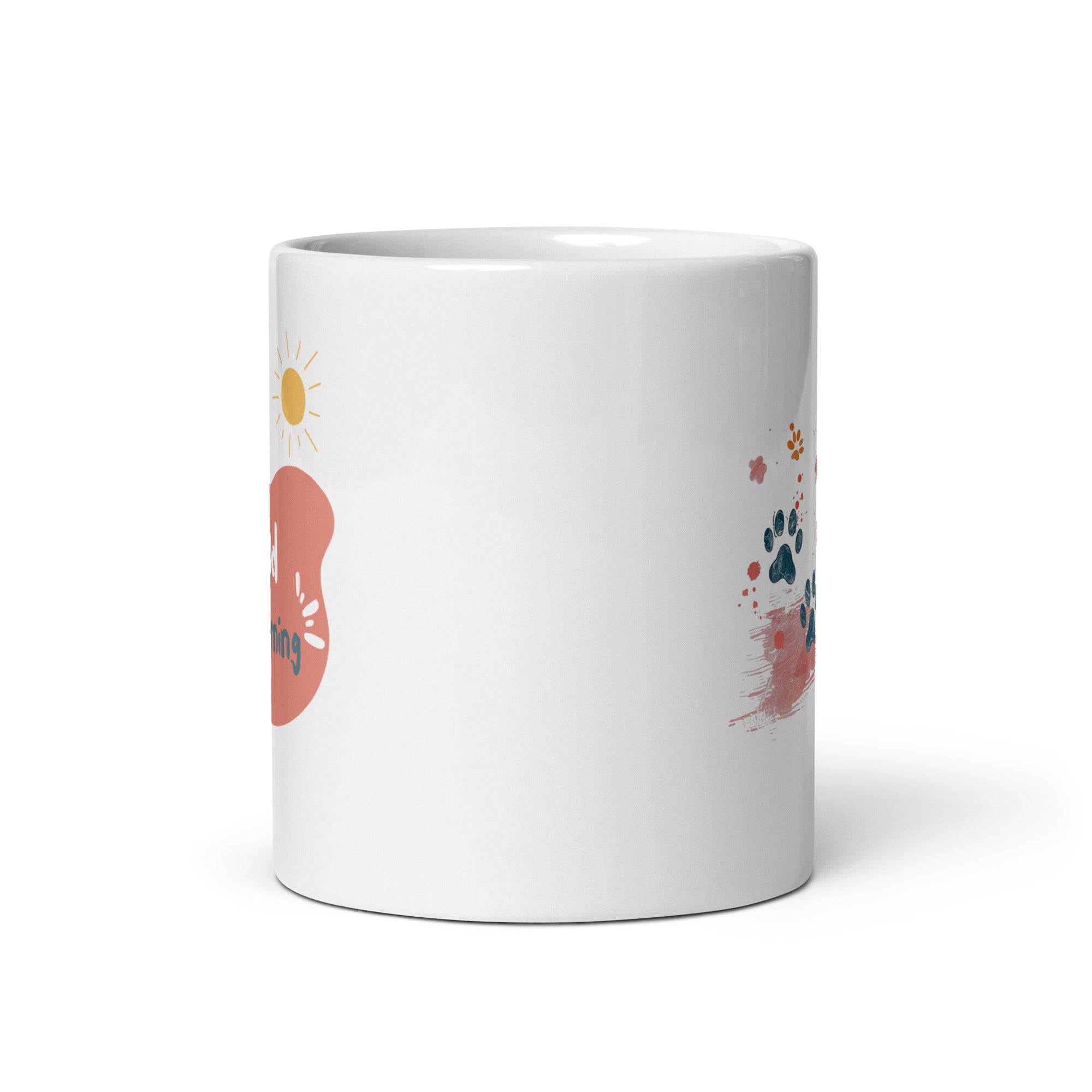 A set of two ceramic mugs, one with a splash of colorful paw prints and the other with a 'Good Morning' message in soft pink, both with animal-themed designs.