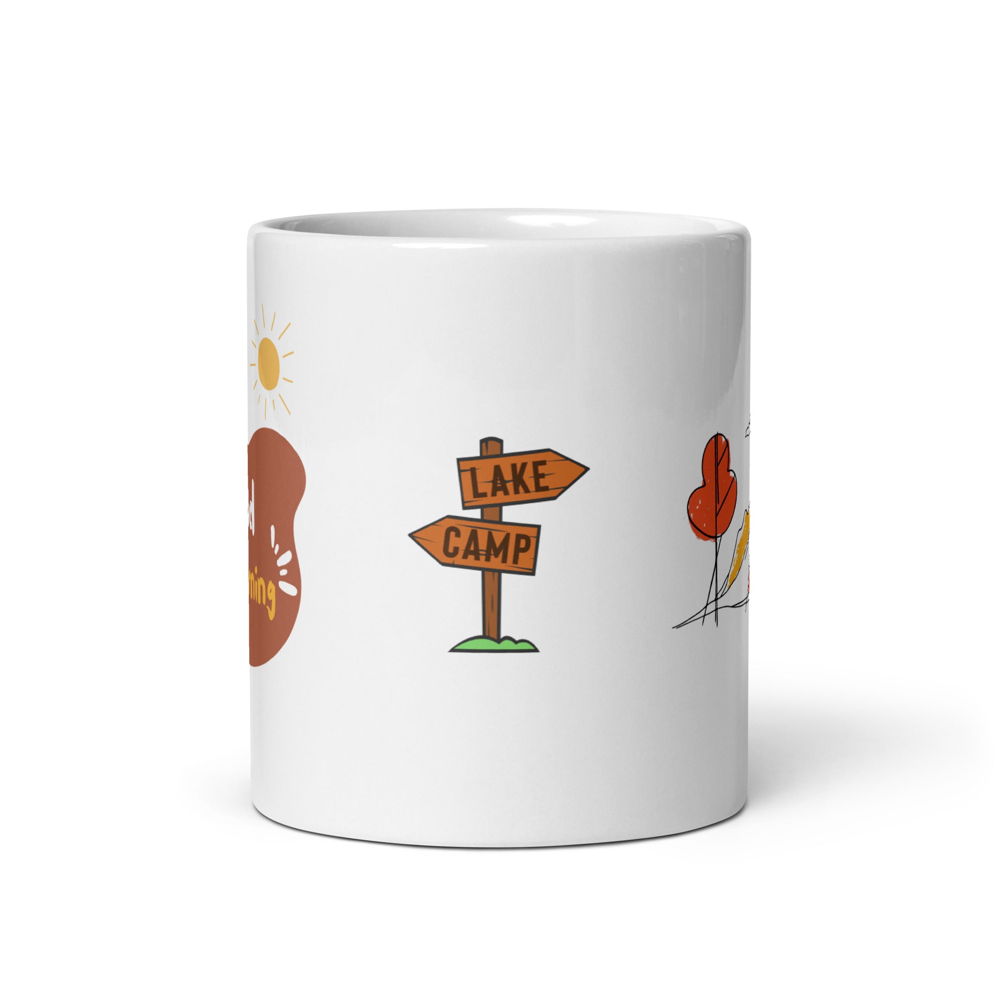 Two ceramic mugs, one with a camping tent and sun design and the other with a 'Good Morning' text and sun design, both in white with colorful illustrations.
