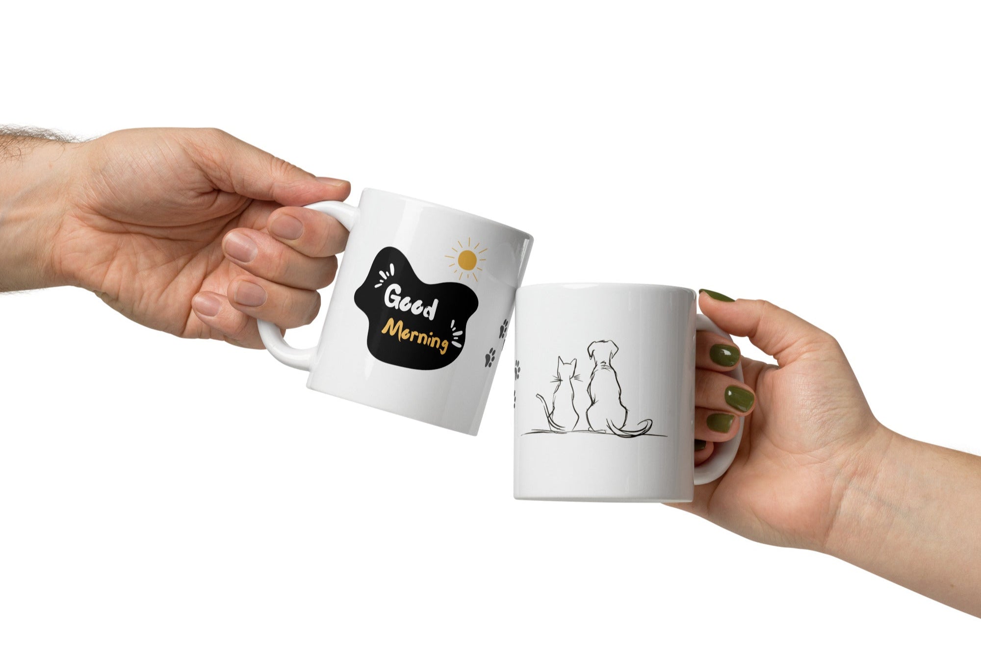 Good Morning mug with minimalist animal drawing and sun design
