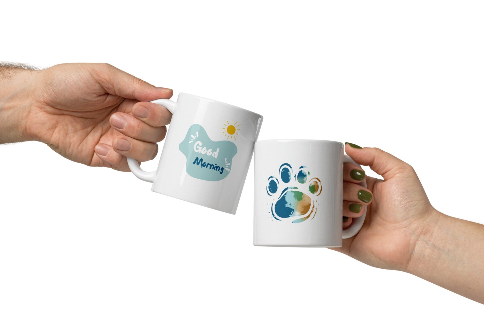 A set of two ceramic mugs, one with a 'Good Morning' message and a paw print design, and the other with a 'Paw Print Earth' design. Both mugs have a glossy white background with colorful prints.