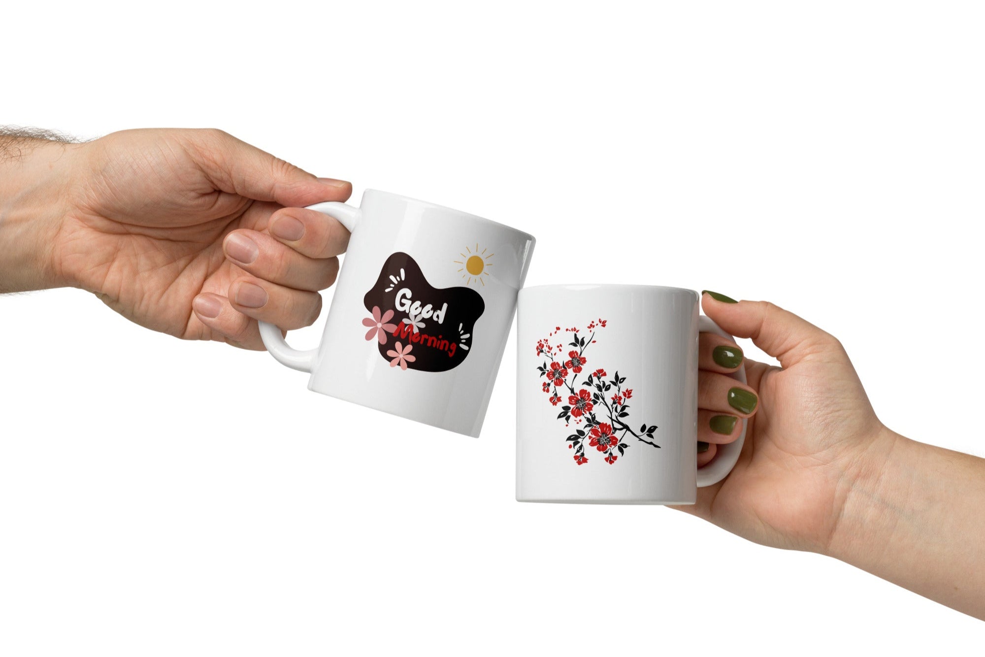 A set of two ceramic mugs, one with a 'Good Morning' text and floral design in blue, and the other with a red floral design.