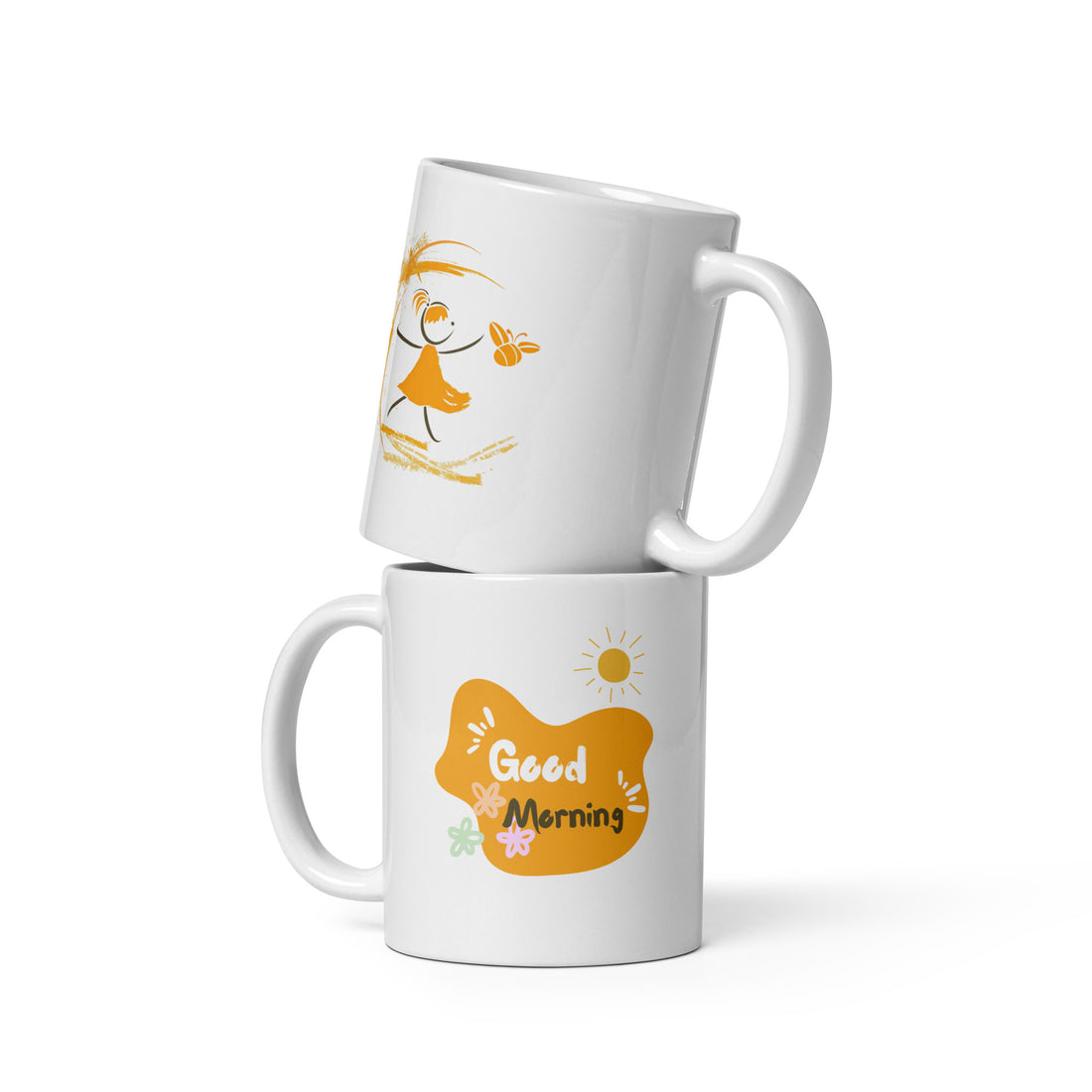 Good Morning & Happy Girl Mug Set | Playful Stick Figure Design | Cheerful Coffee Mug Gift