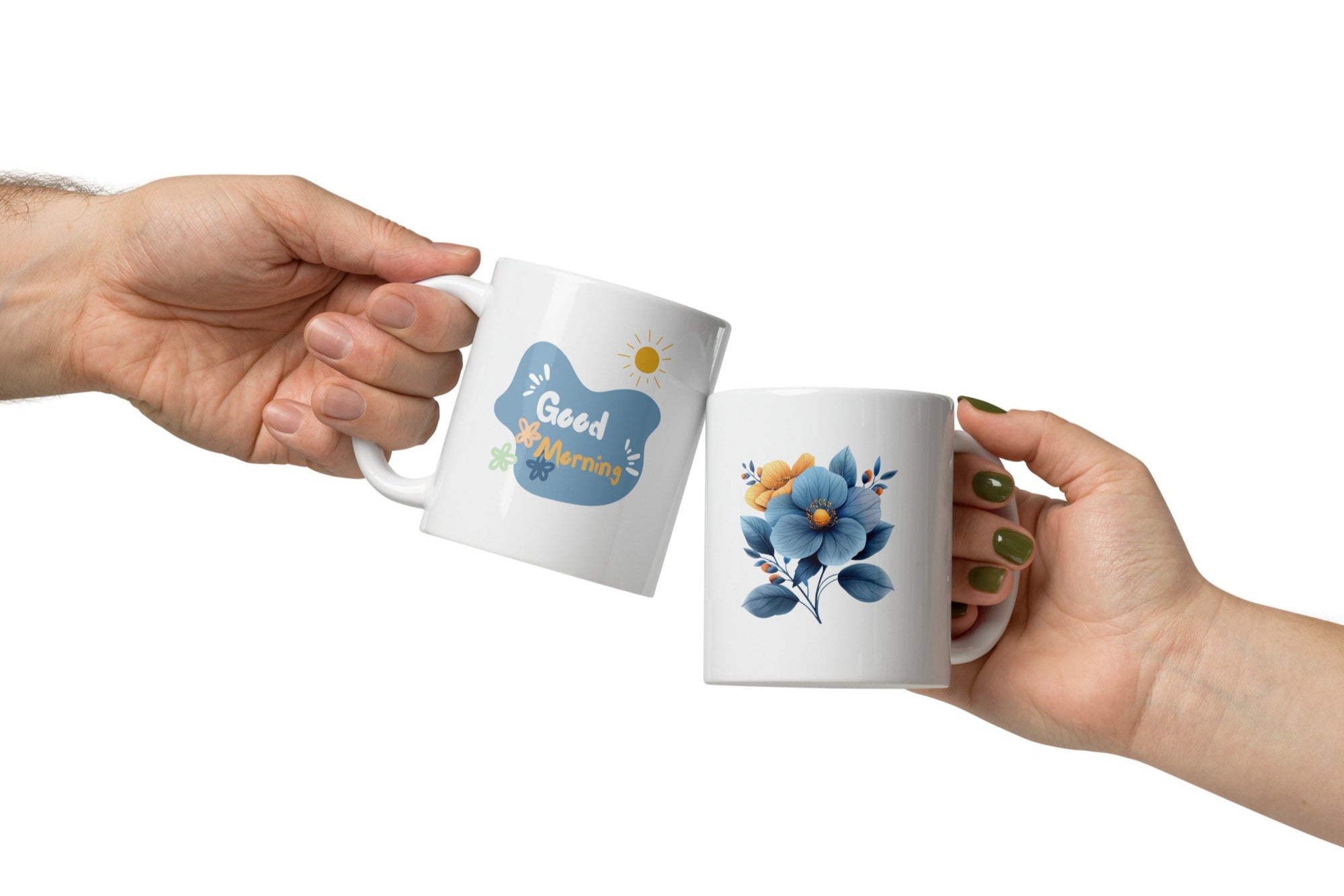 A set of two ceramic mugs, one with a 'Good Morning' message and floral design, and the other featuring a blue flower illustration.
