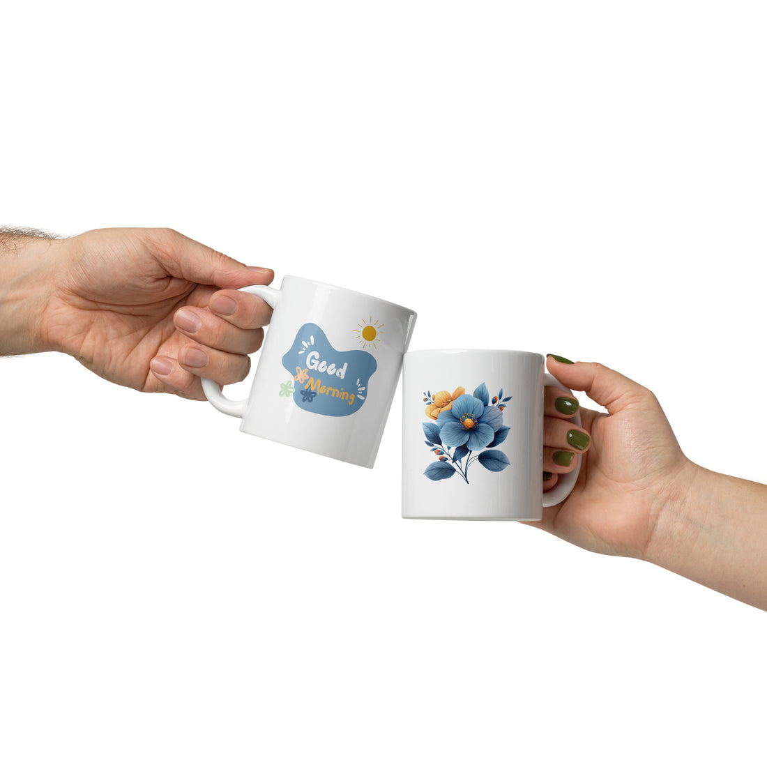 Good Morning & Floral Blue Mug Set | Elegant Flower Design | Perfect Gift for Nature Lovers