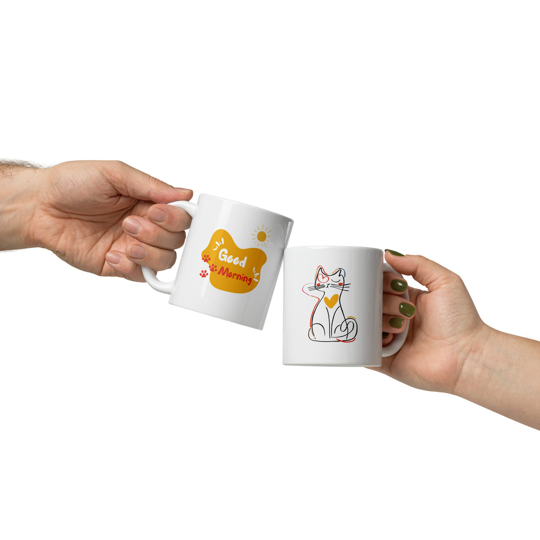 Good Morning & Playful Cat Mug Set | Cheerful Cat Lover Gift | Fun Coffee Mug Duo