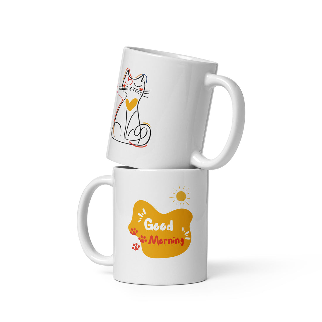 Good Morning & Playful Cat Mug Set | Cheerful Cat Lover Gift | Fun Coffee Mug Duo