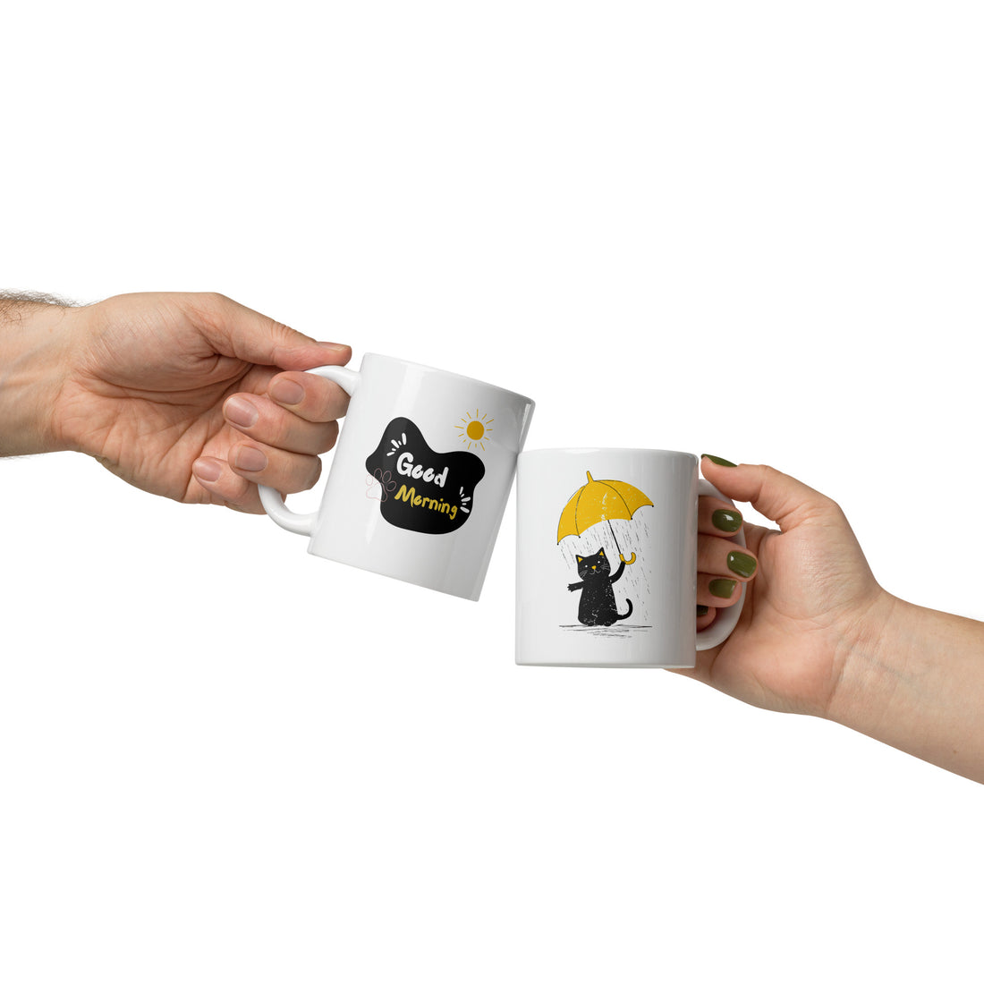 Good Morning & Umbrella Cat Mug Set | Playful Cat Design | Cute Gift for Cat Lovers