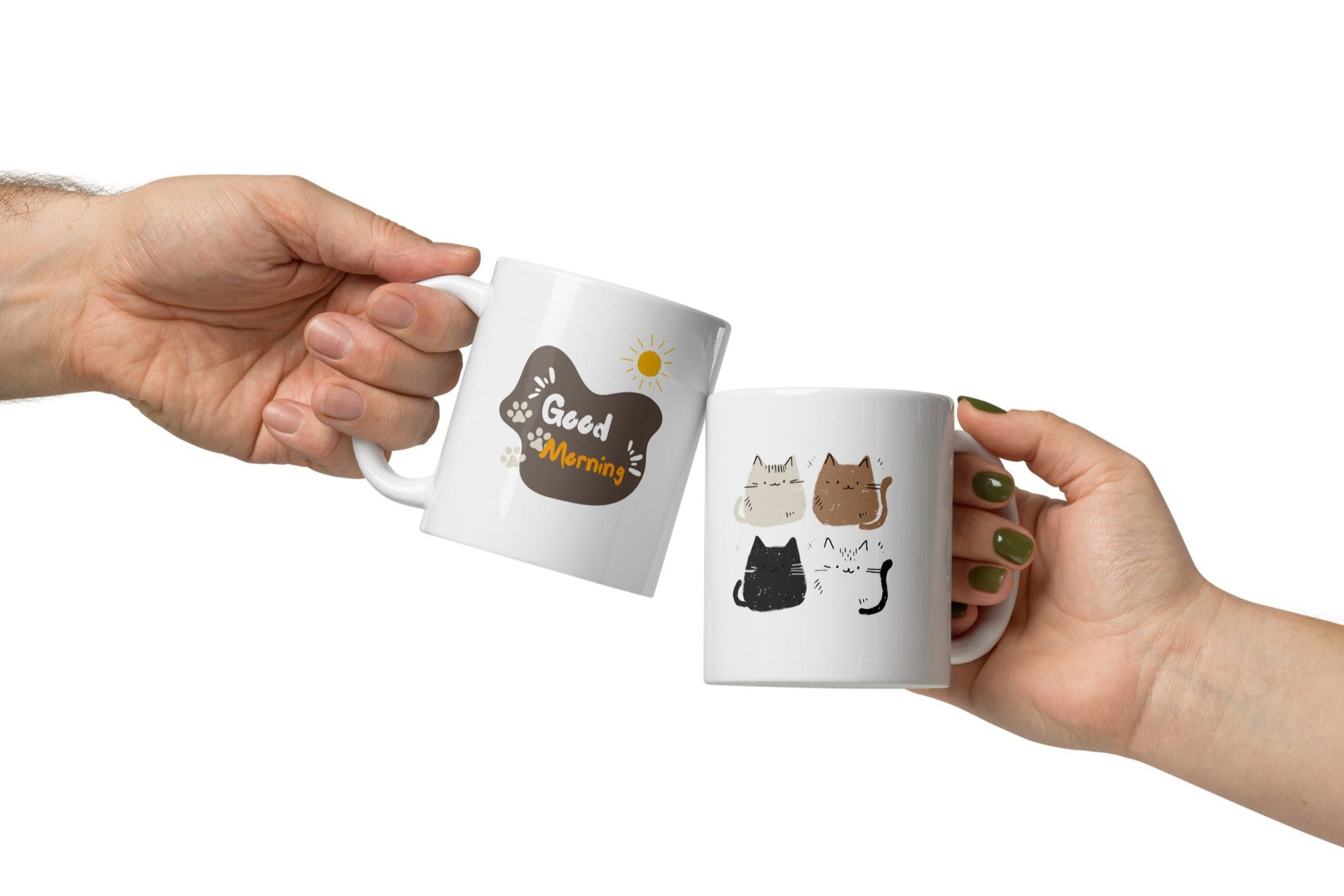 A set of two ceramic mugs, one with a 'Good Morning' text and paw prints, and the other with a series of four cat illustrations.