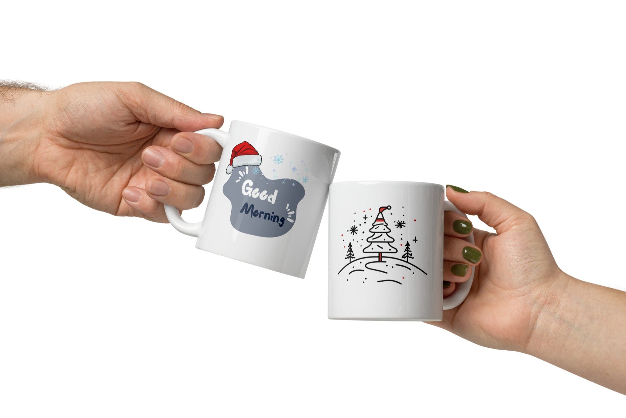Two ceramic mugs, one with a Christmas tree design and the other with a Santa hat and snowflakes, both with 'Good Morning' text.