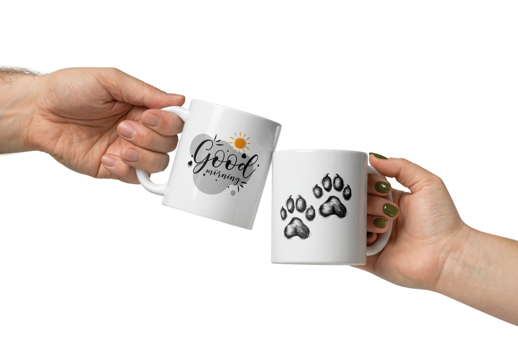 A set of two ceramic mugs, one with a black paw print design on a white background and the other with a 'Good Morning' message alongside a sun and paw accent on a blue background.
