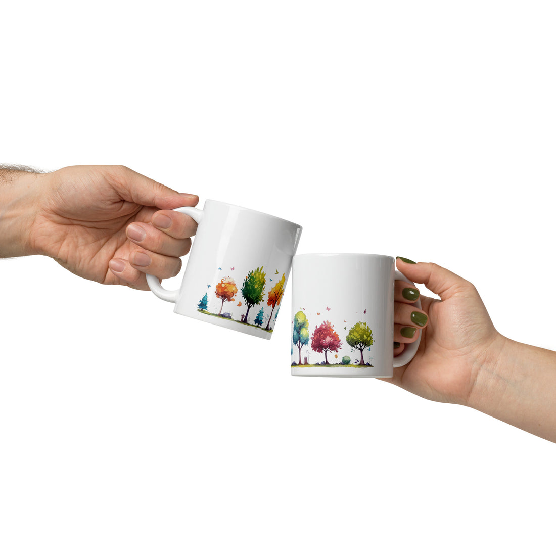 Whimsical Forest Mug with Butterflies - 325ml (11oz) White Ceramic Coffee Cup with Colorful Trees and Butterfly Design, Perfect Gift for Nature Dreamers