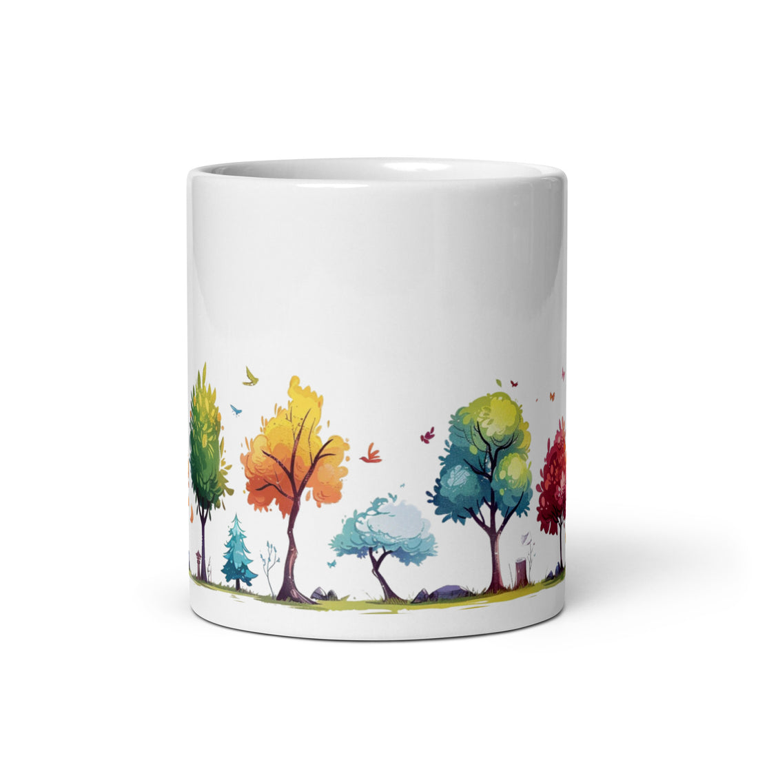 Whimsical Forest Mug with Butterflies - 325ml (11oz) White Ceramic Coffee Cup with Colorful Trees and Butterfly Design, Perfect Gift for Nature Dreamers