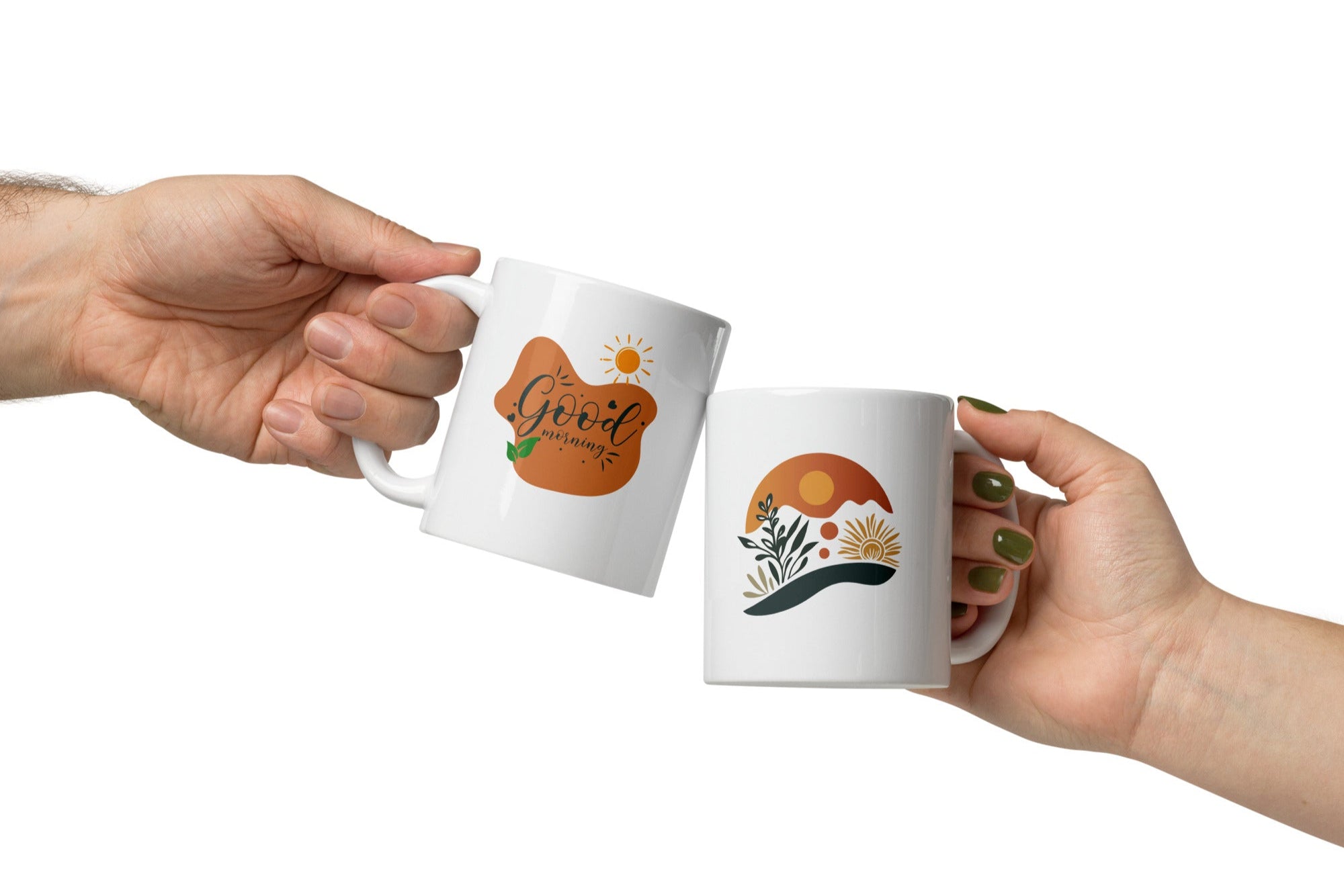 A set of two ceramic mugs, one with a minimalist sunrise design and the other with 'Good Morning' text in a natural tone, both featuring nature-inspired illustrations.