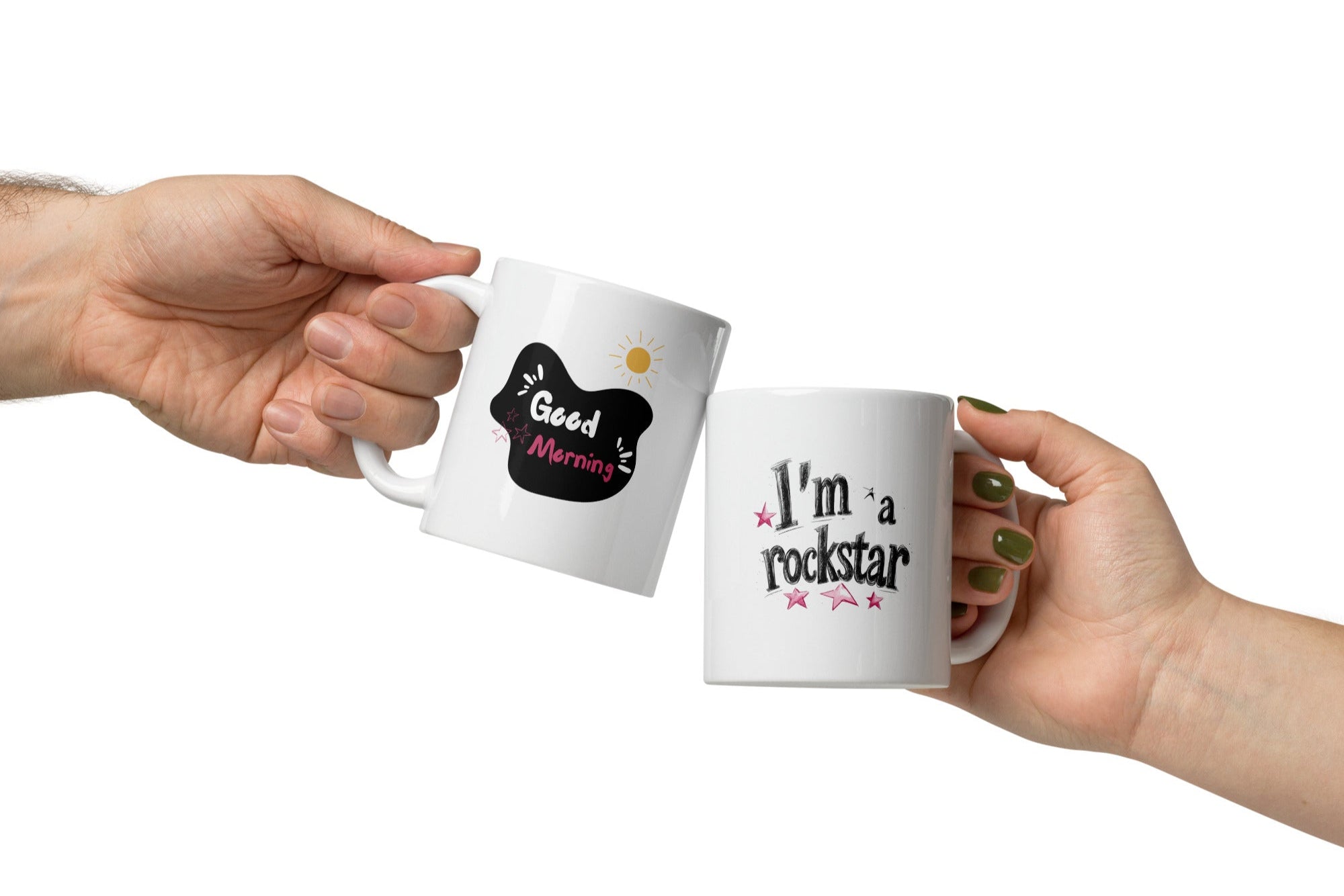 Two ceramic mugs side by side, one with the phrase 'I'm a Rockstar' and stars, the other with 'Good Morning' and a sun graphic, both in black, white, pink, and yellow.