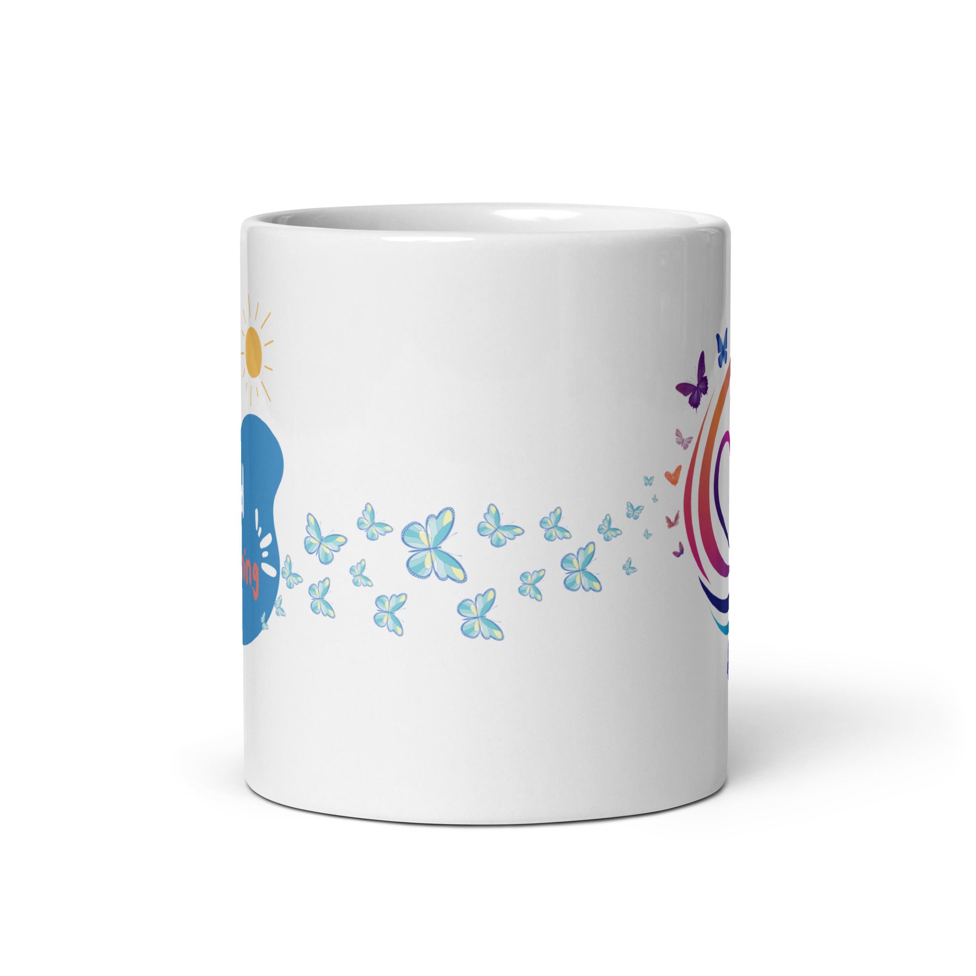 Two ceramic mugs, one with a colorful heart and butterflies design, and the other with a 'Good Morning' message with butterfly accents.