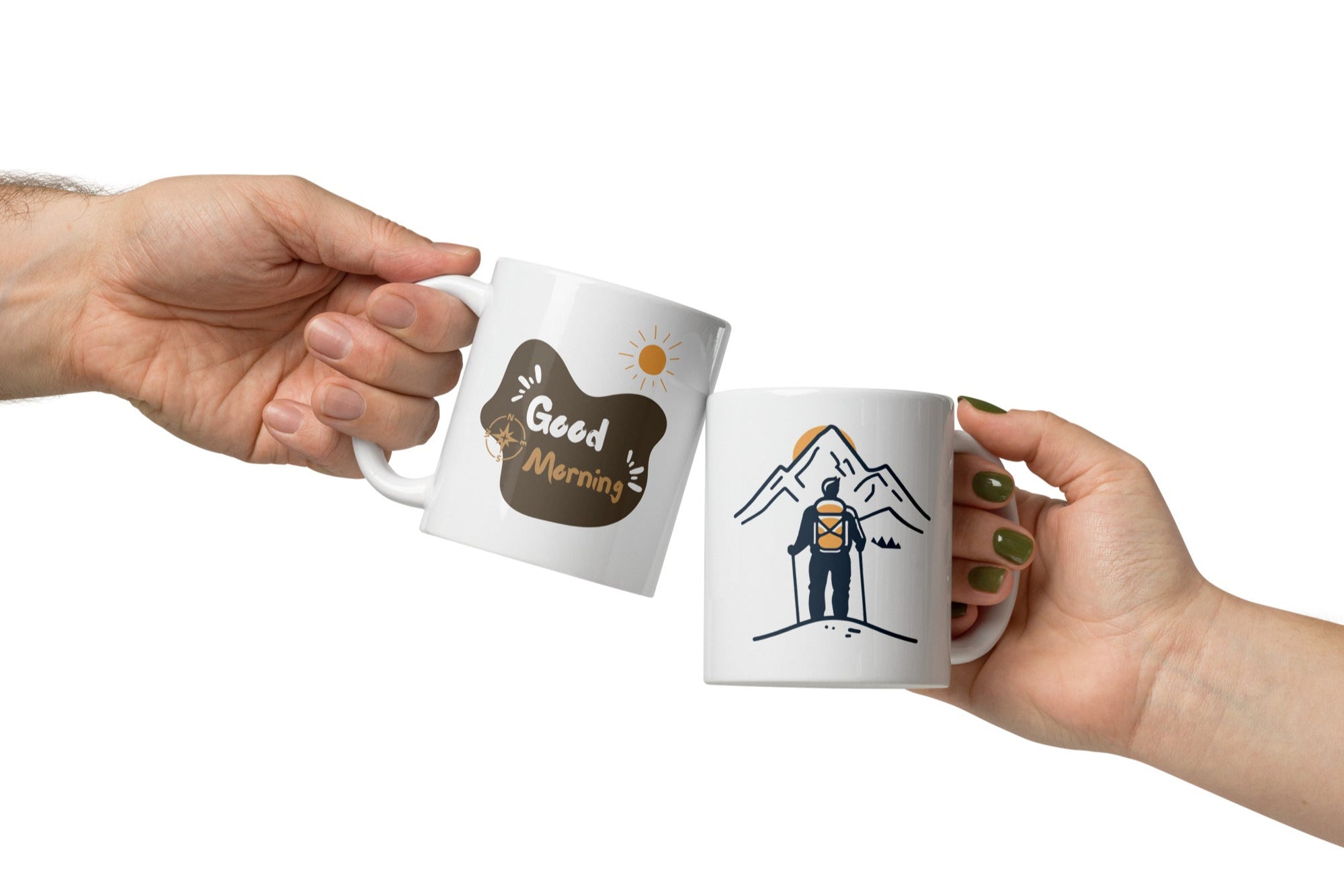 Two ceramic mugs, one with a mountain and sun design and the other with a 'Good Morning' message, both in minimalist style.