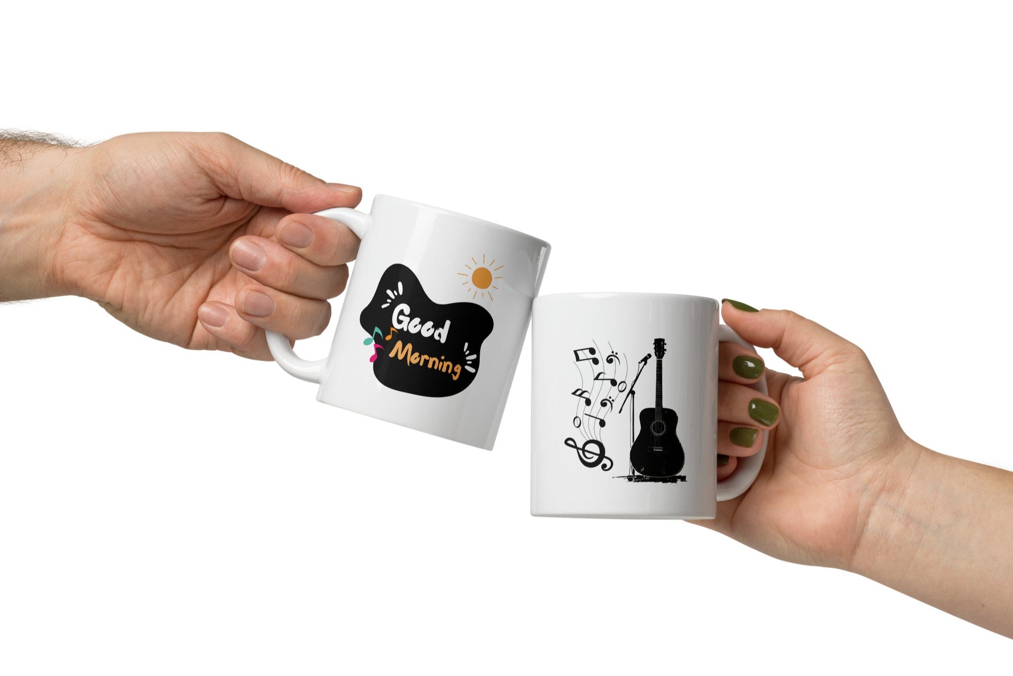 Two ceramic mugs, one with a guitar design and the other with a 'Good Morning' message, both featuring white backgrounds and musical notes.