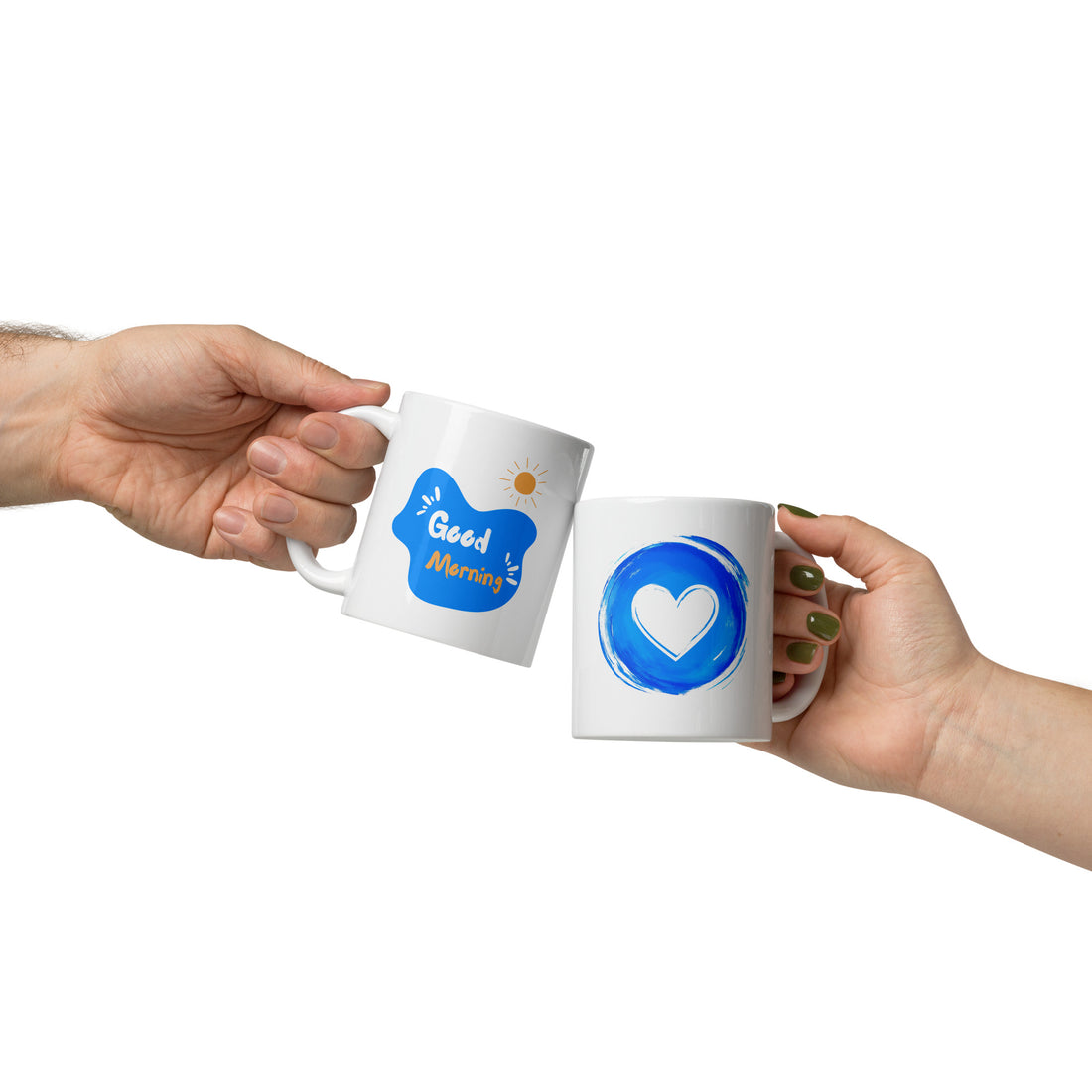 Good Morning Heart Mug Set | Blue Circle Heart & Good Morning Design | Positive Start 11oz Coffee Mugs