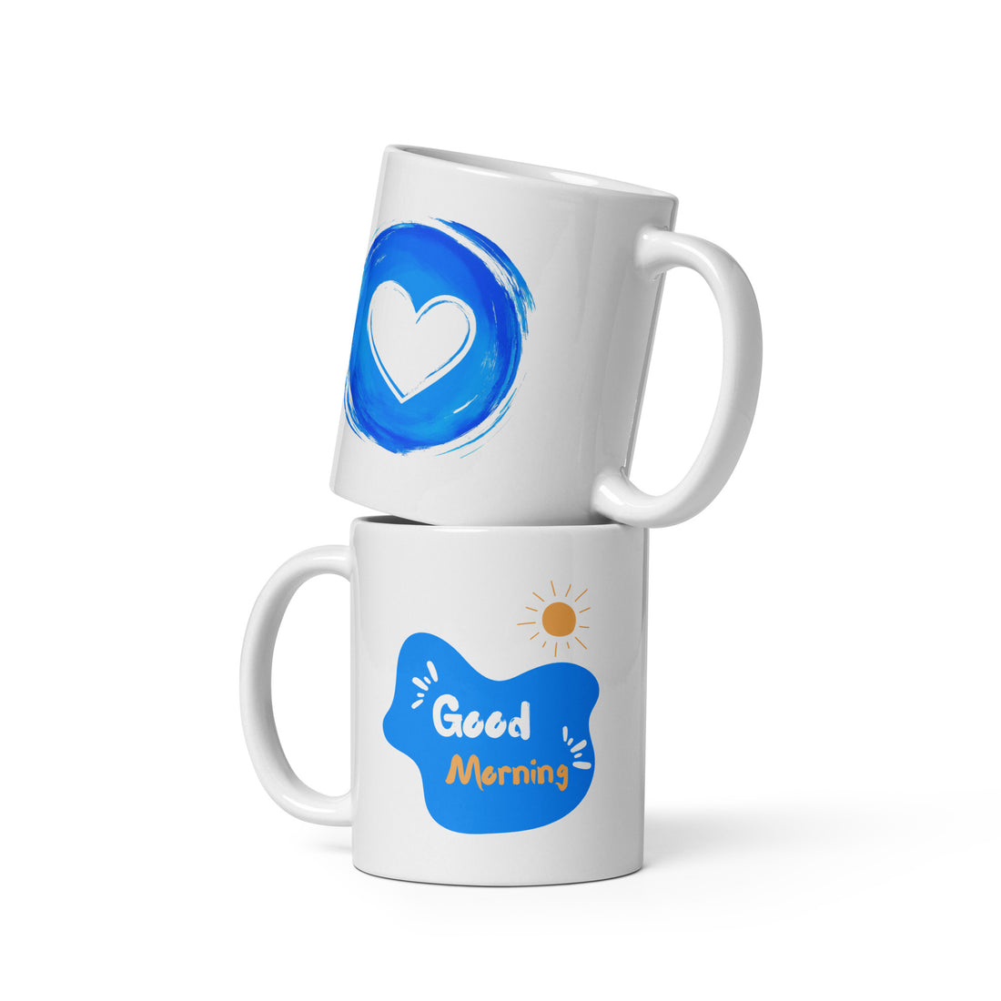 Good Morning Heart Mug Set | Blue Circle Heart & Good Morning Design | Positive Start 11oz Coffee Mugs