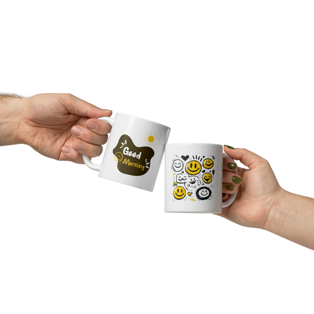 Good Morning Smiley Mug Set | Fun Smiley Face & Good Morning Design | Cheerful 11oz Coffee Mugs