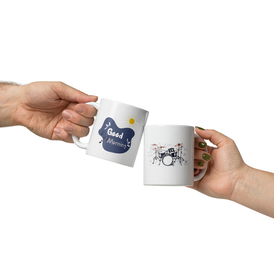 Good Morning Drummer Mug Set | Drum Kit & Good Morning Design | 11oz Coffee Mugs for Music Lovers