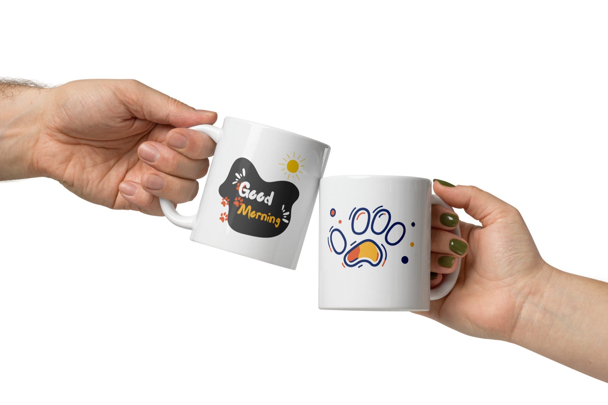 Two ceramic mugs, one with a paw print design and the other with a 'Good Morning' message, both with a white background.