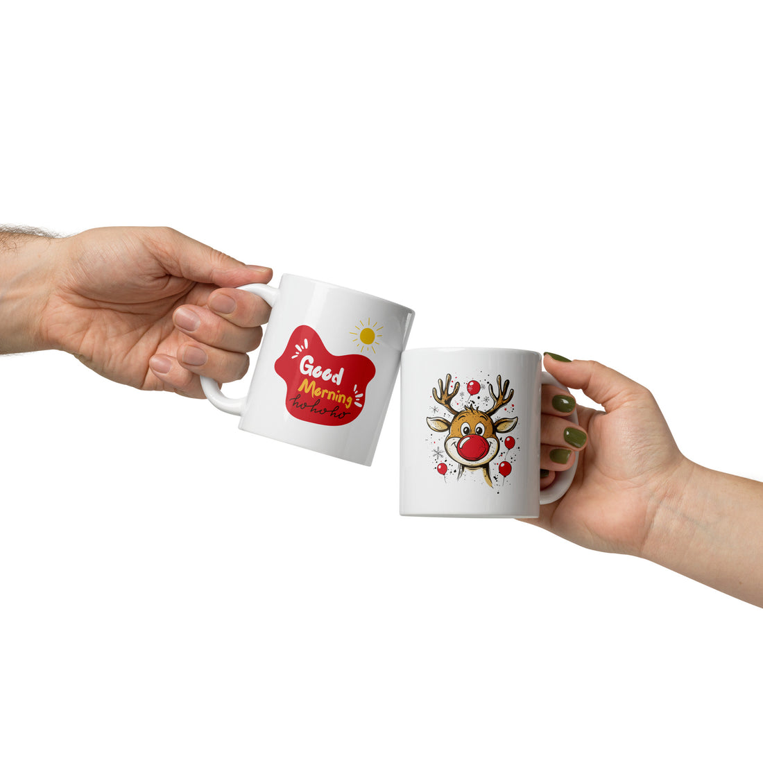 Good Morning Christmas Mug Set | Festive Reindeer & "Ho Ho Ho" Design | 11oz Holiday Coffee Mugs