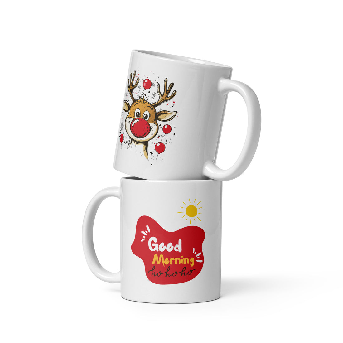 Good Morning Christmas Mug Set | Festive Reindeer & "Ho Ho Ho" Design | 11oz Holiday Coffee Mugs