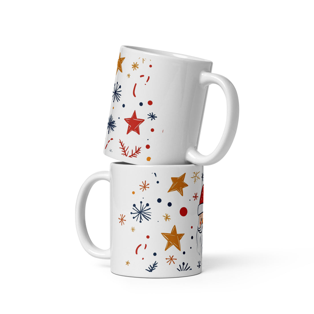 Festive Santa Mug | Cute Christmas Coffee Cup with Stars & Snowflakes | 11oz Holiday Drinkware