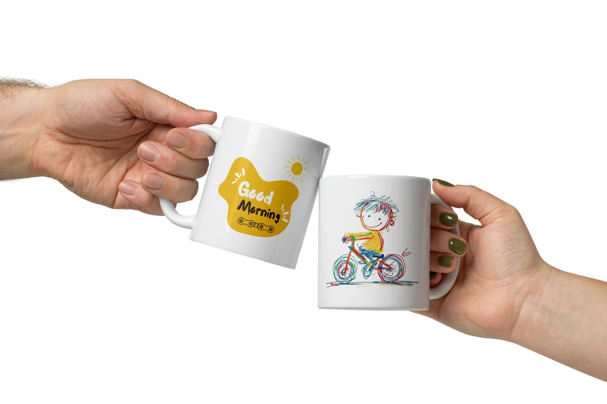 A double-sided ceramic coffee mug with a playful biker design on one side and a 'Good Morning' message with a chain link graphic on the other, displayed against a white background.