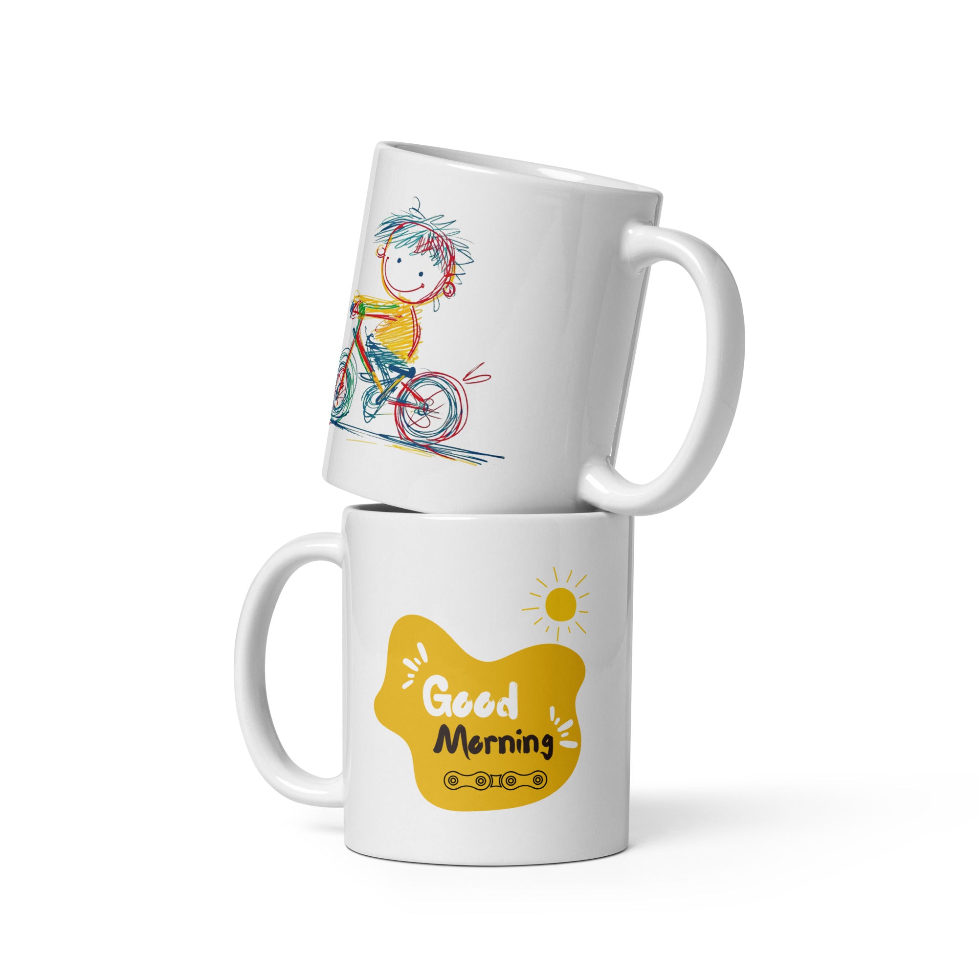 A double-sided ceramic coffee mug with a playful biker design on one side and a 'Good Morning' message with a chain link graphic on the other, displayed against a white background.