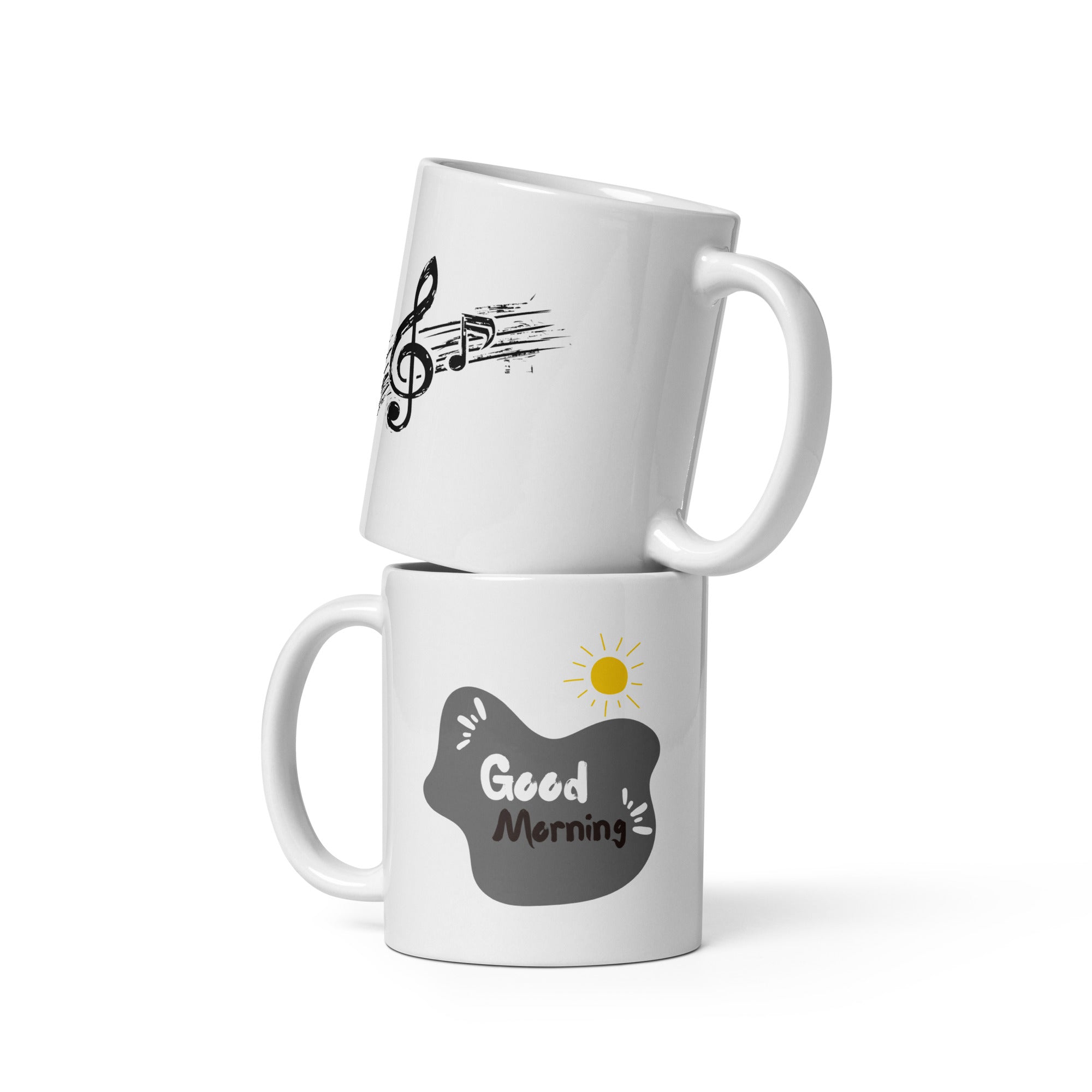 White ceramic mug with treble clef and Good Morning splash design – 11oz music-themed gift for coffee lovers and musicians
