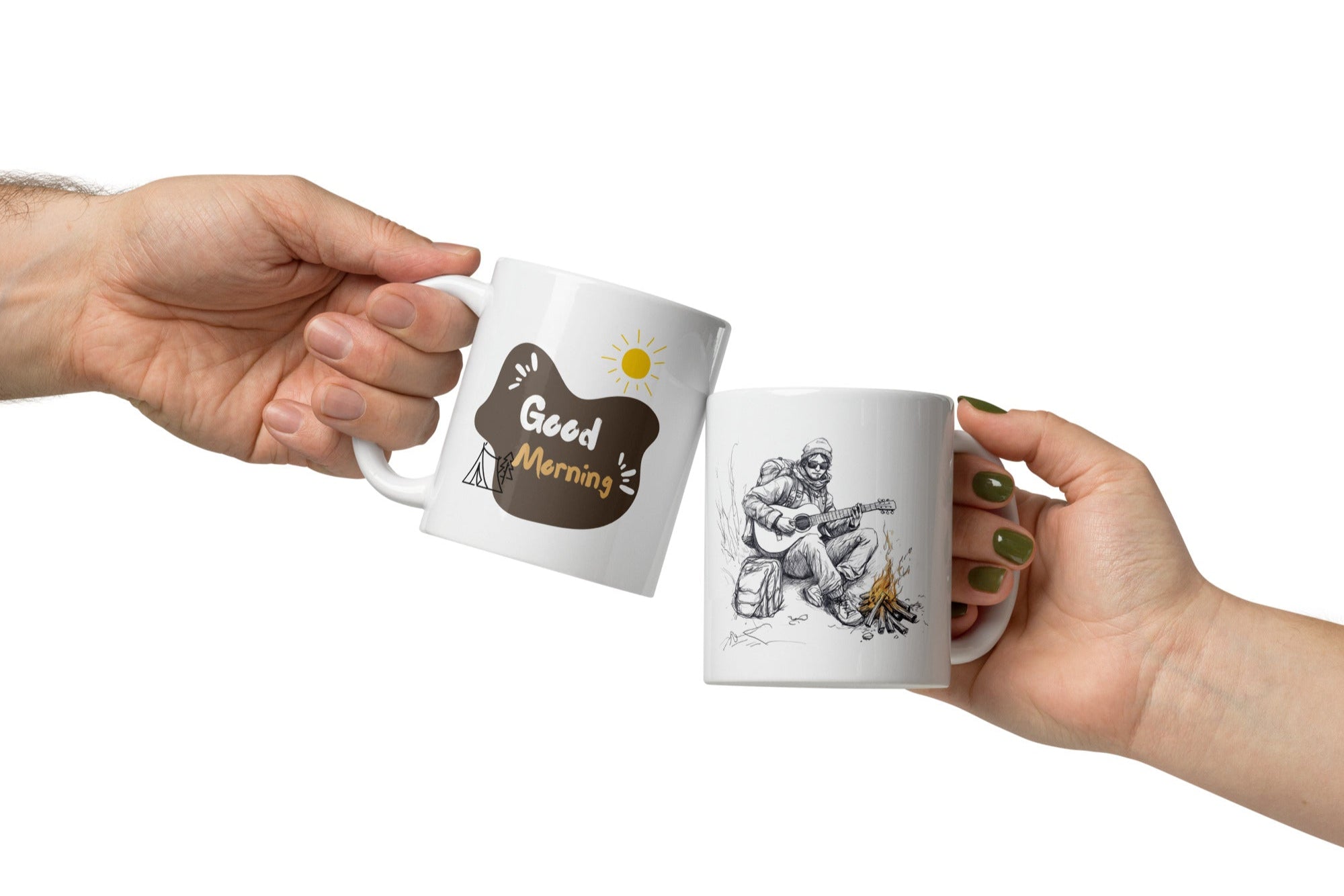 Good Morning text with sun and tent camping icon on mug
