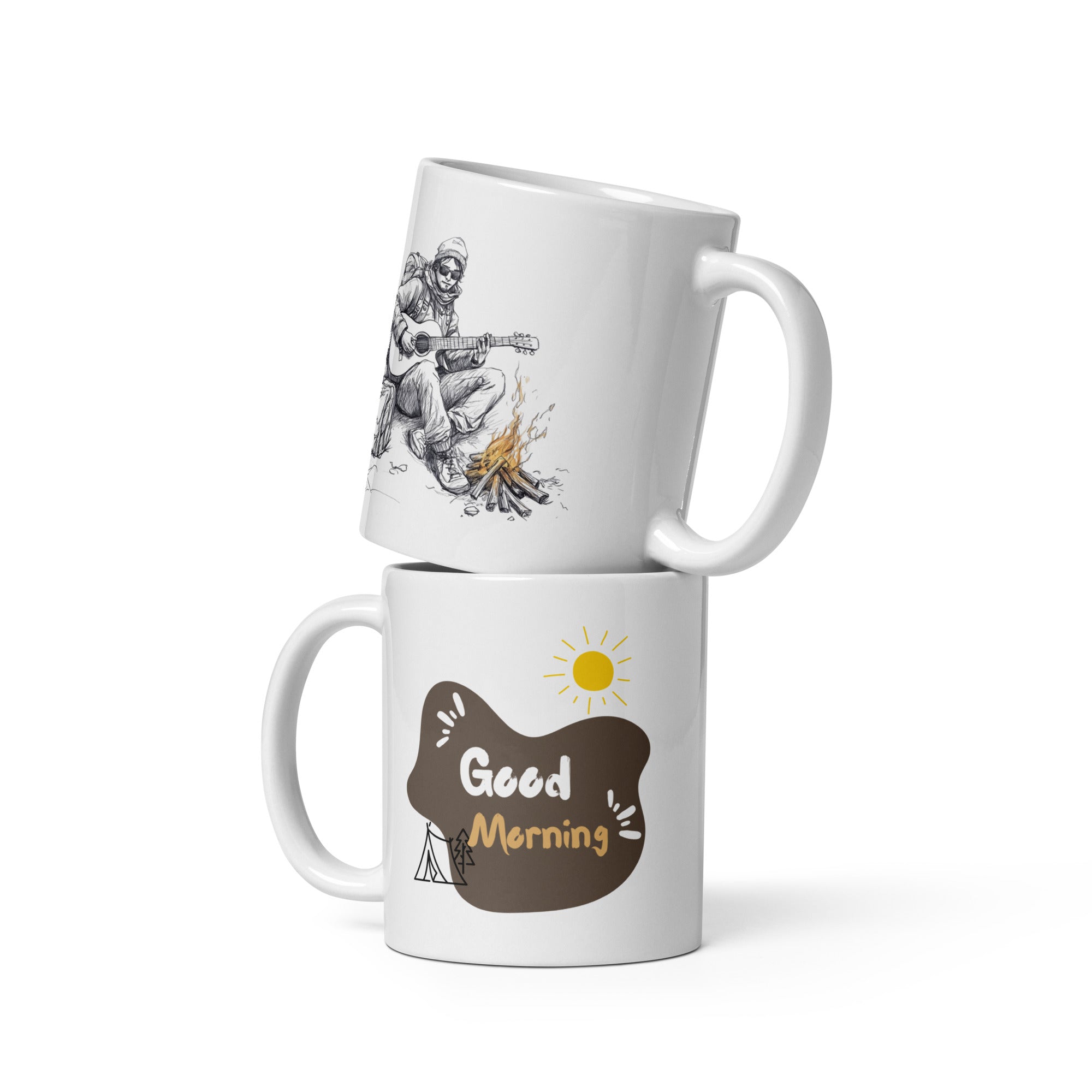 Good Morning text with sun and tent camping icon on mug