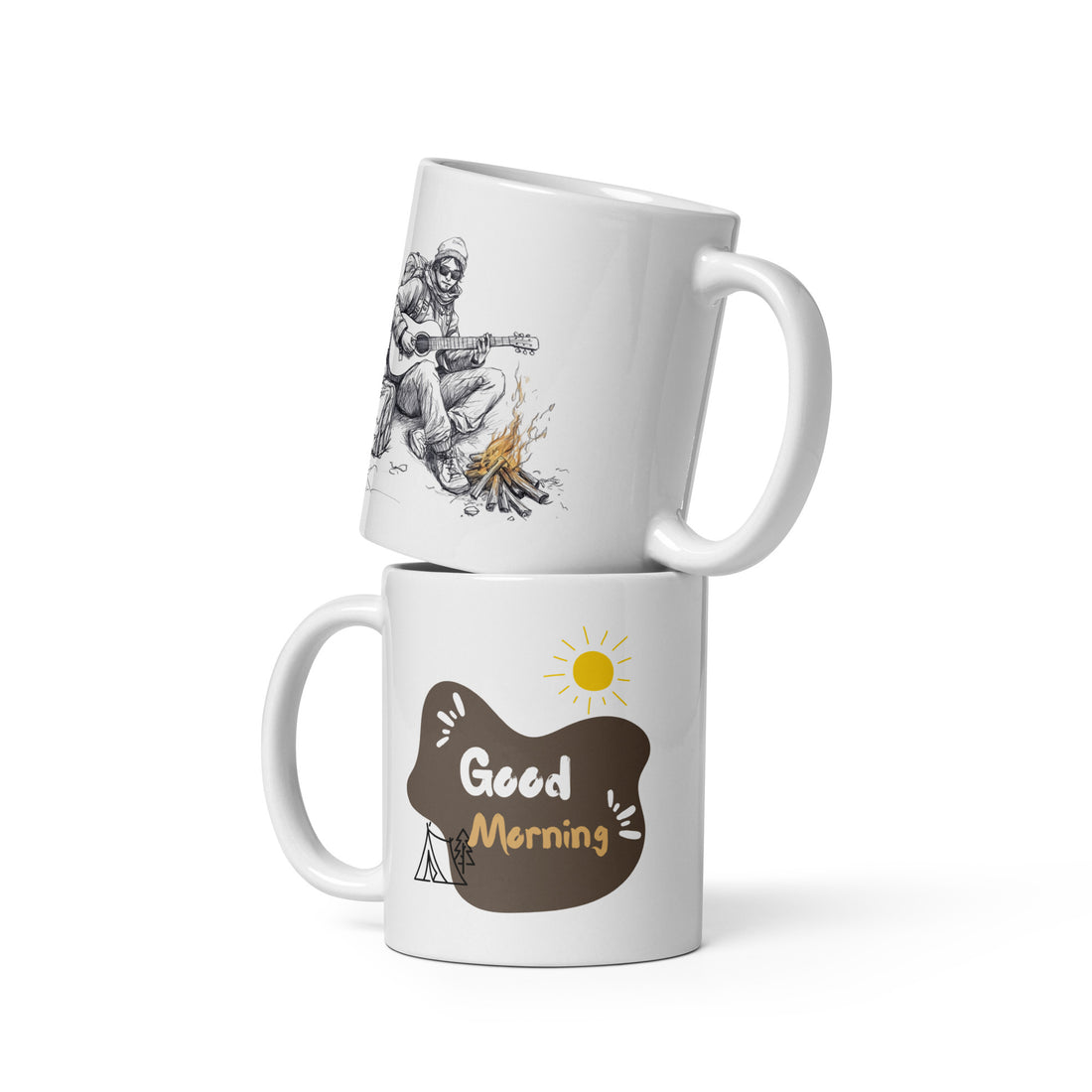 Campfire Good Morning Mug - 325ml (11oz) White Ceramic Coffee Cup with Guitarist by Campfire Illustration, Perfect Gift for Outdoor Lovers