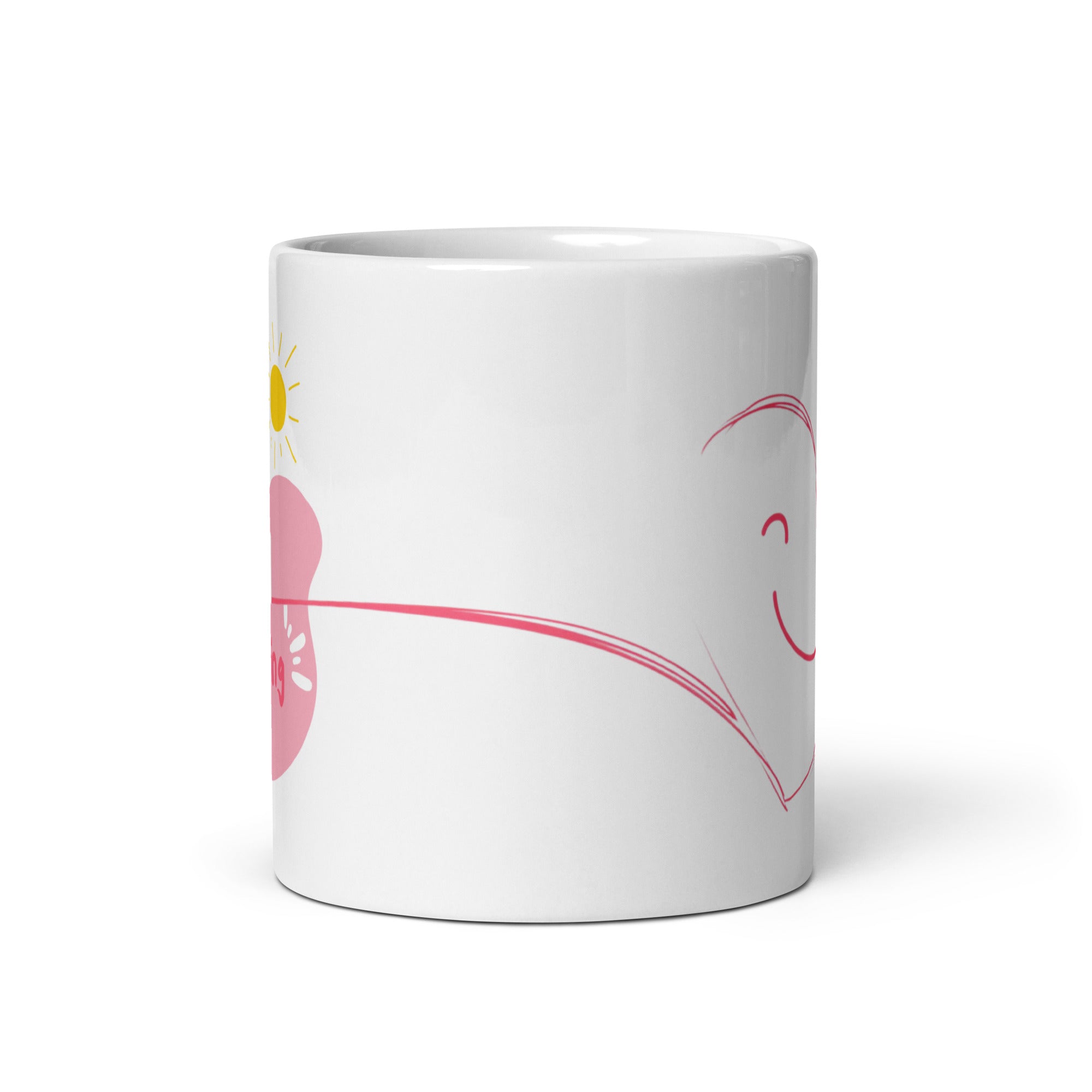 Two ceramic coffee mugs, one with a smiling heart design on the front and the other with a 'Good Morning' message alongside a sun graphic on the front. Both mugs have a white background with text and heart illustrations.