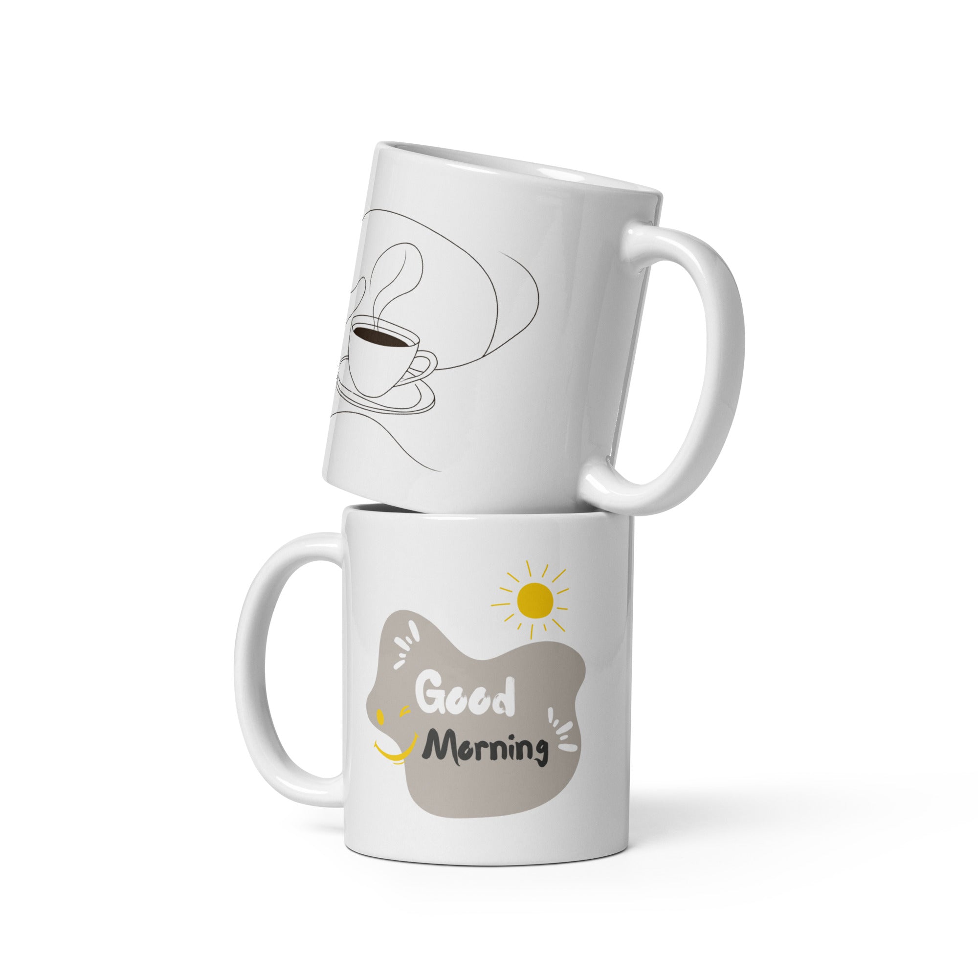 Two ceramic coffee mugs with double-sided designs. One mug features a coffee line art illustration with the text 'Good Morning' and the other has a sun and rain design with the text 'Good Mornin'g'.