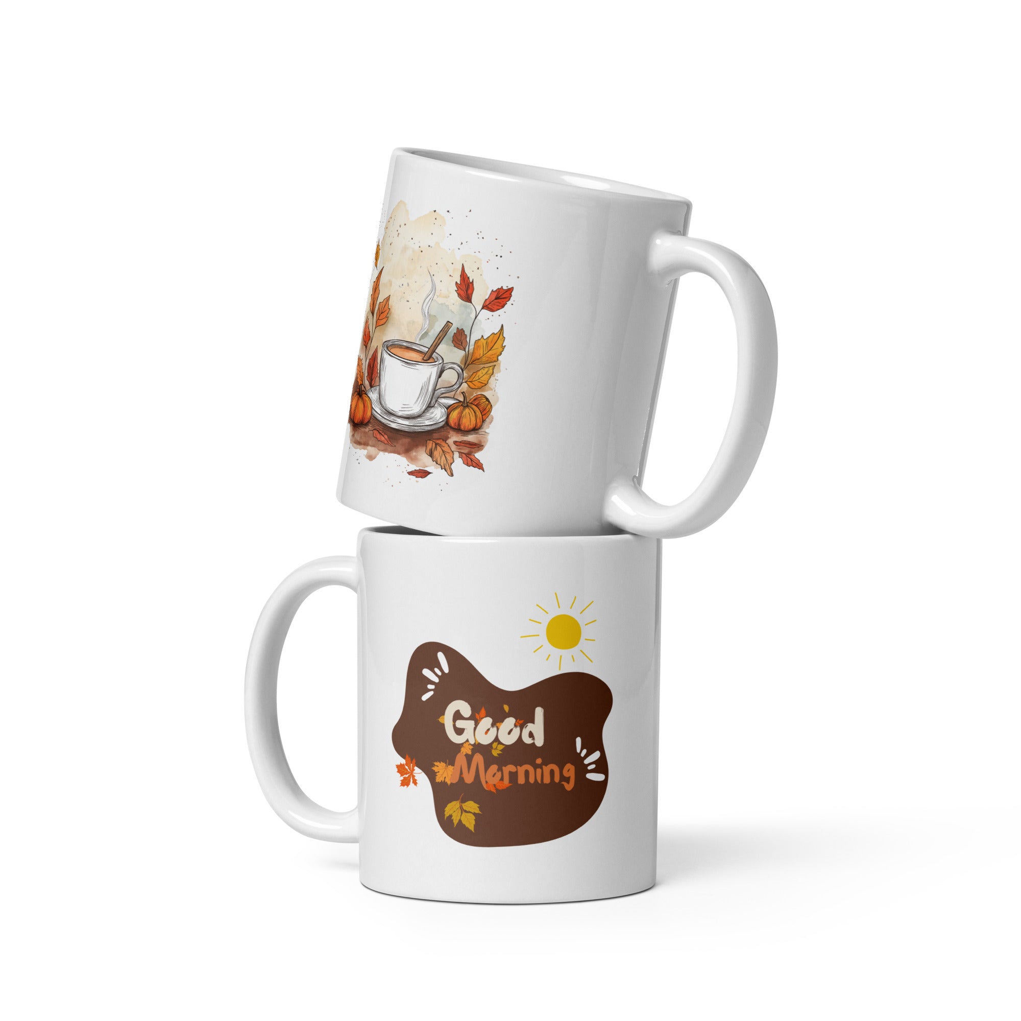 Good Morning text with sun and autumn leaves