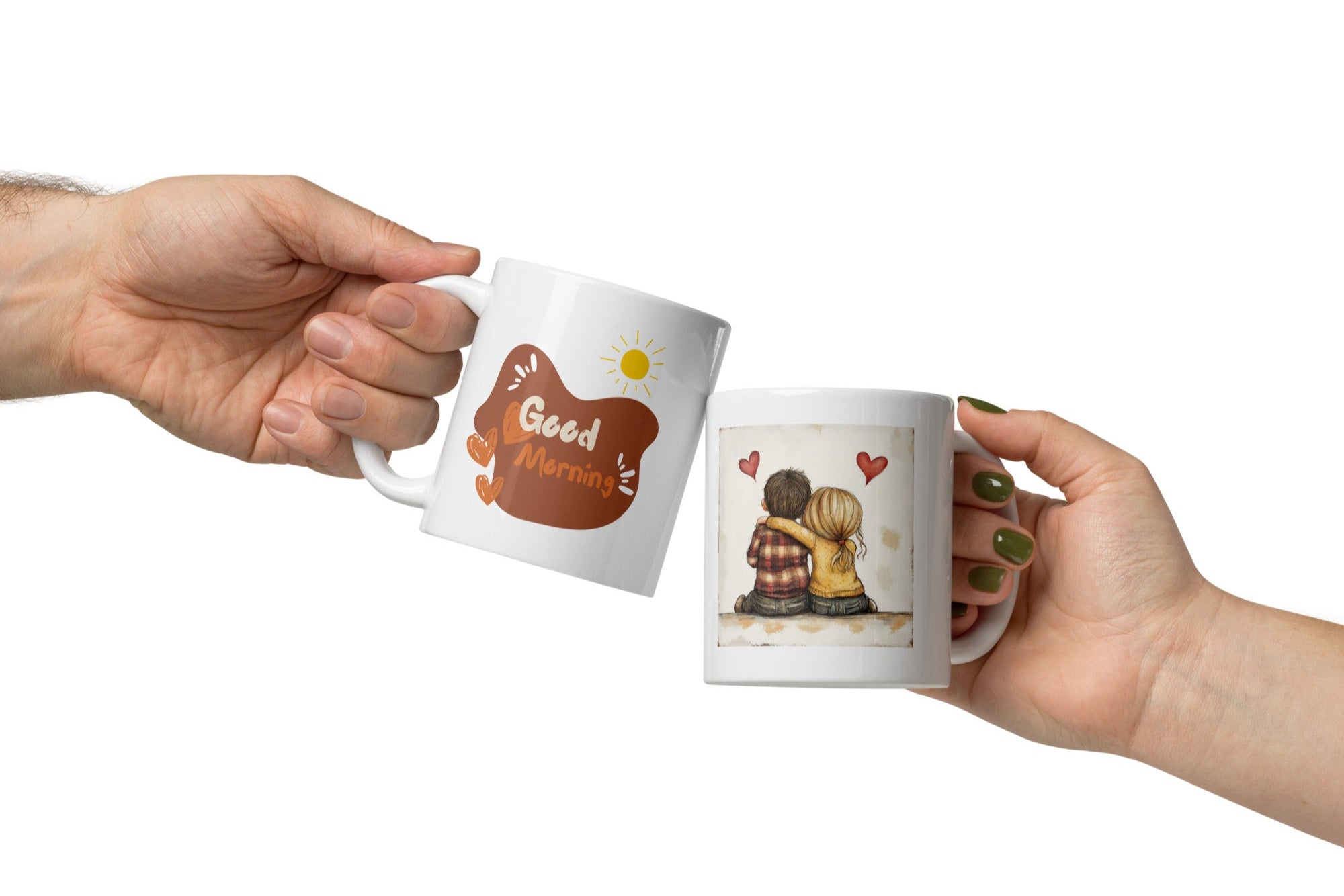 Closeup of pink hearts and cozy couple on coffee mug