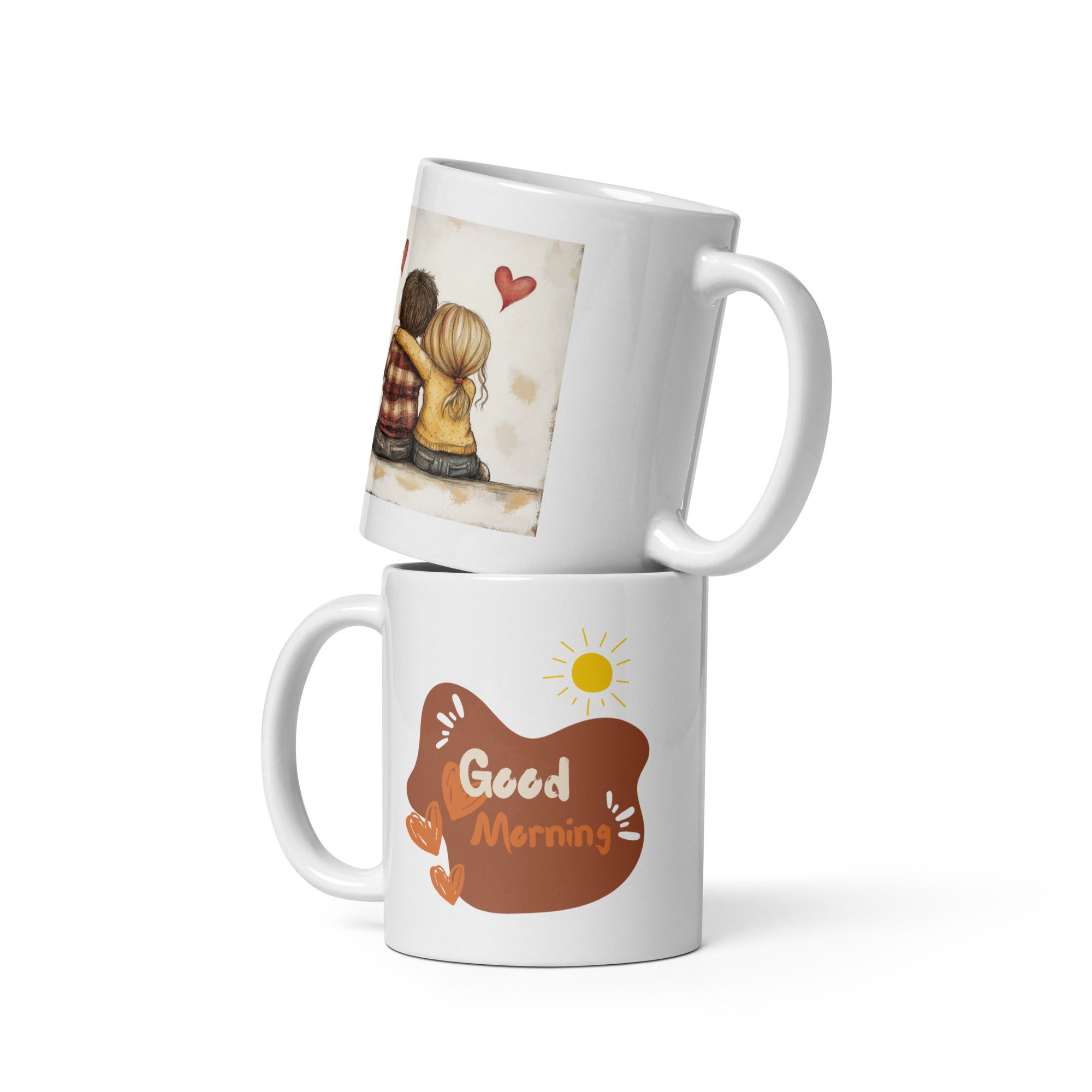 Closeup of pink hearts and cozy couple on coffee mug