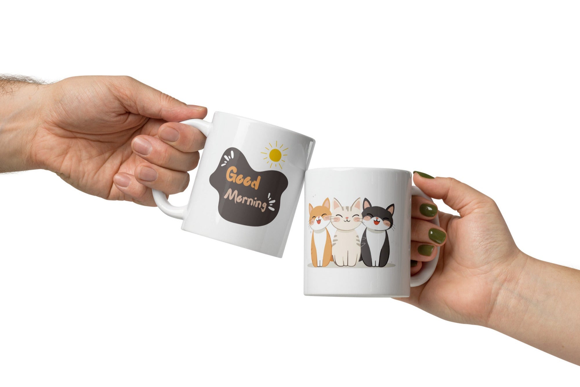 Ceramic mug with 3 smiling cartoon cats and sun design