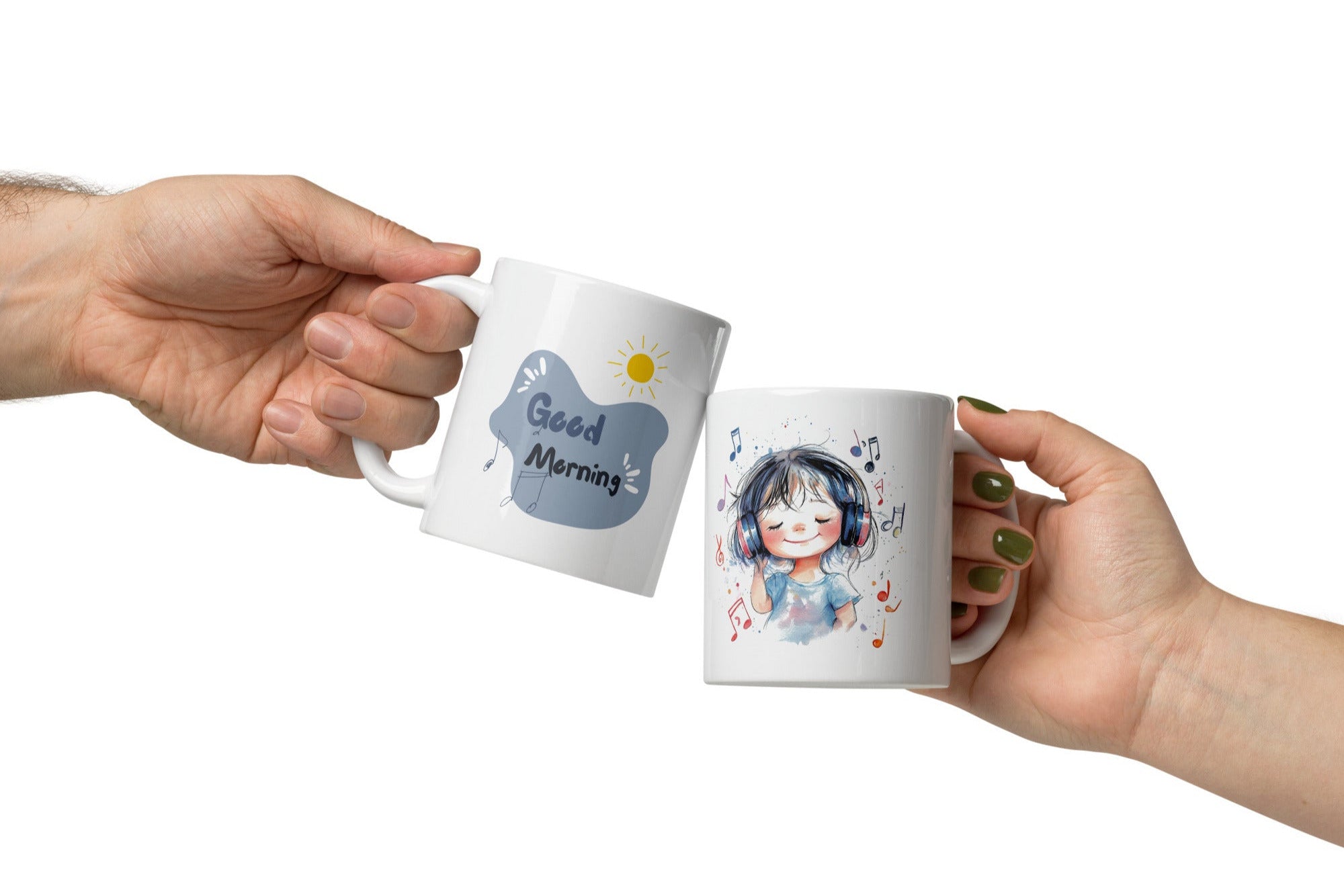 A ceramic coffee mug with a double-sided design featuring an illustration of a girl with headphones and music notes on one side, and a 'Good Morning' message on the other, in a blue color with a white design.