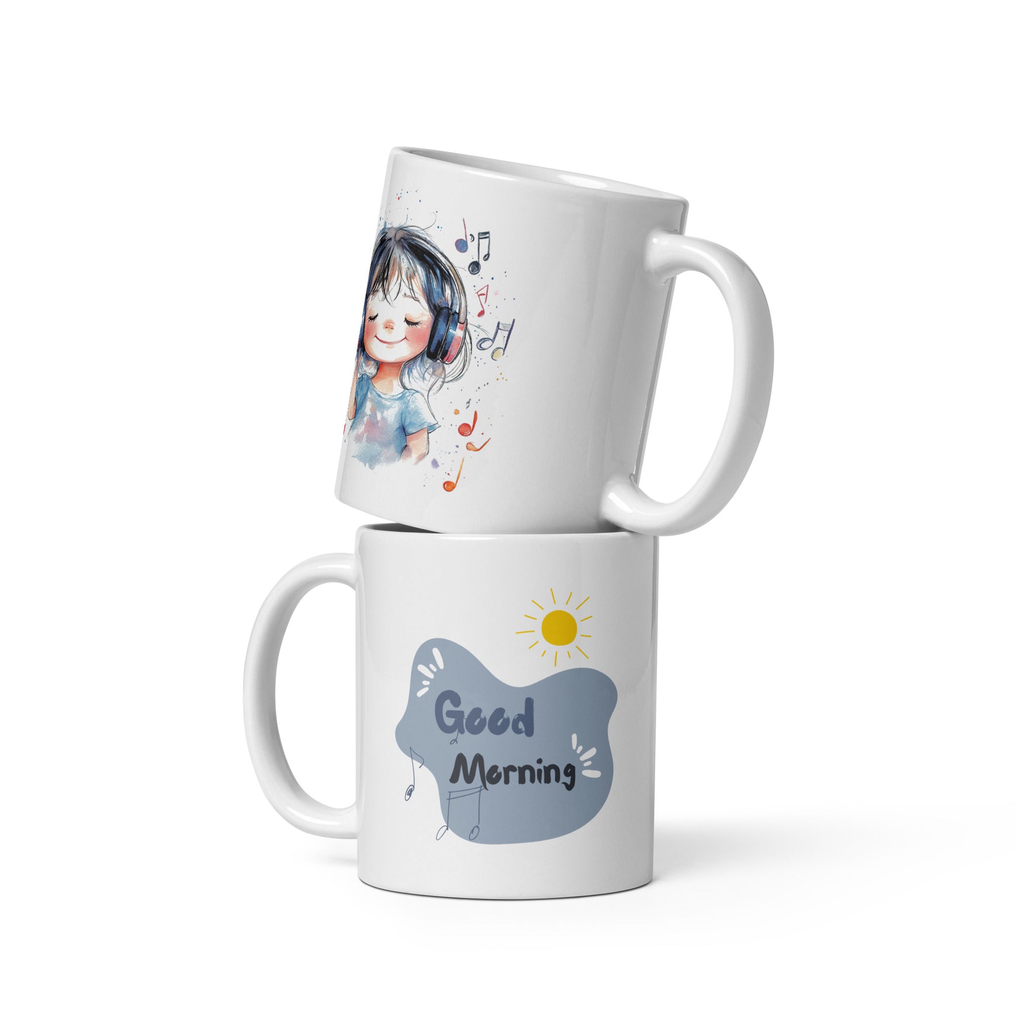 A ceramic coffee mug with a double-sided design featuring an illustration of a girl with headphones and music notes on one side, and a 'Good Morning' message on the other, in a blue color with a white design.