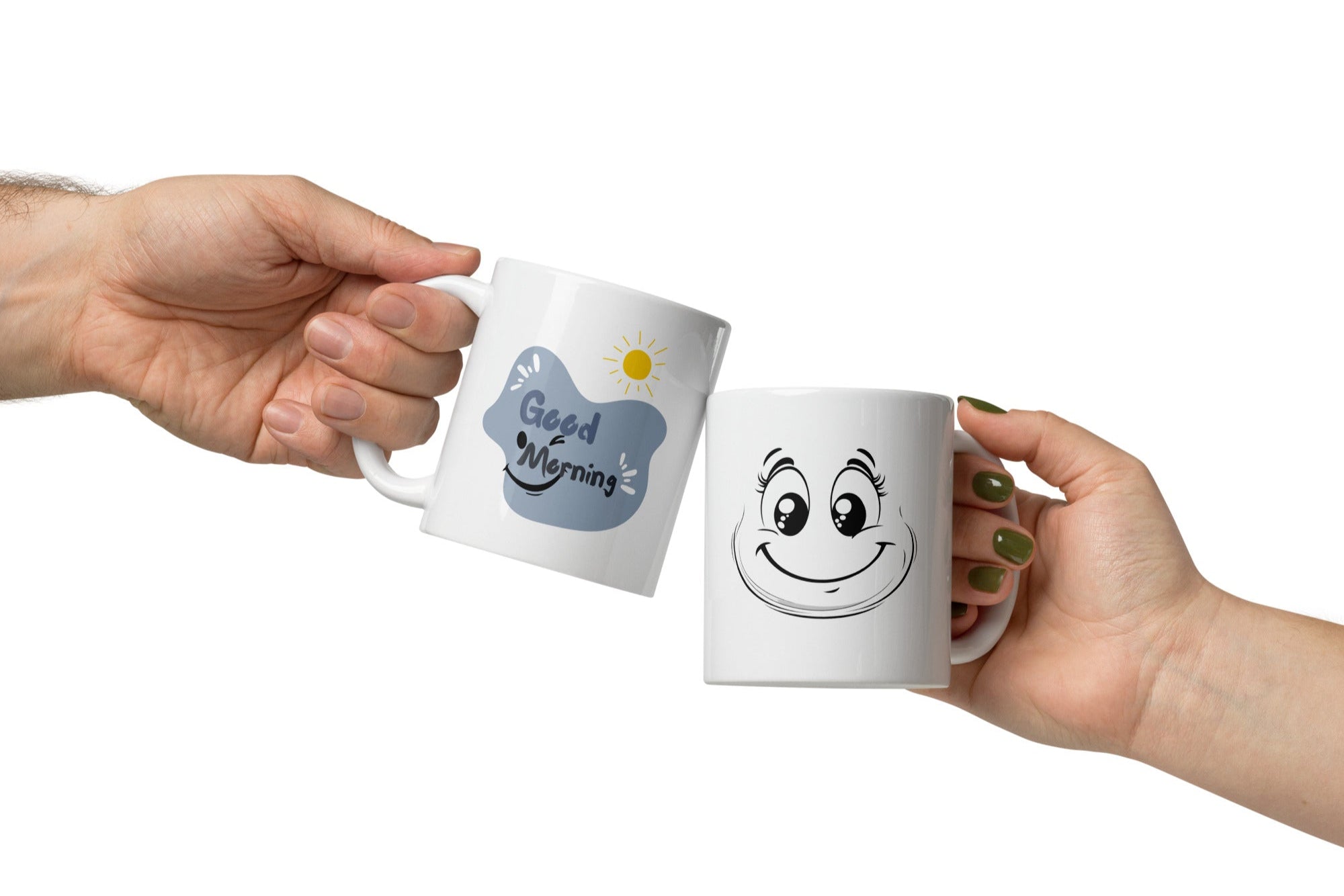White ceramic mug handle, closeup, smiley coffee cup