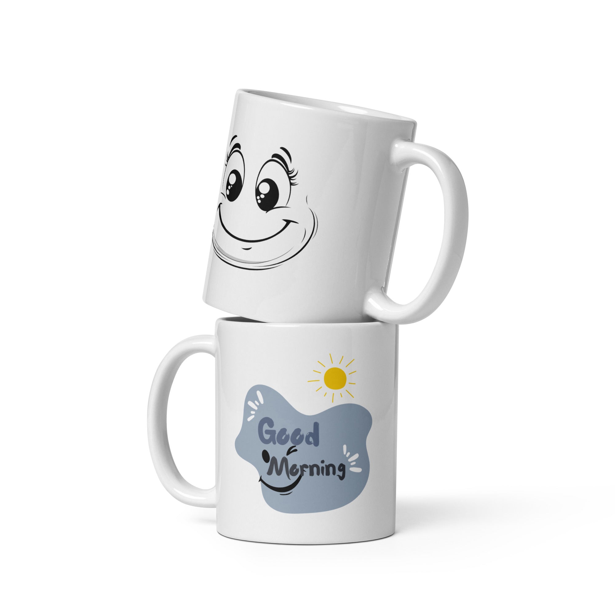 White ceramic mug handle, closeup, smiley coffee cup