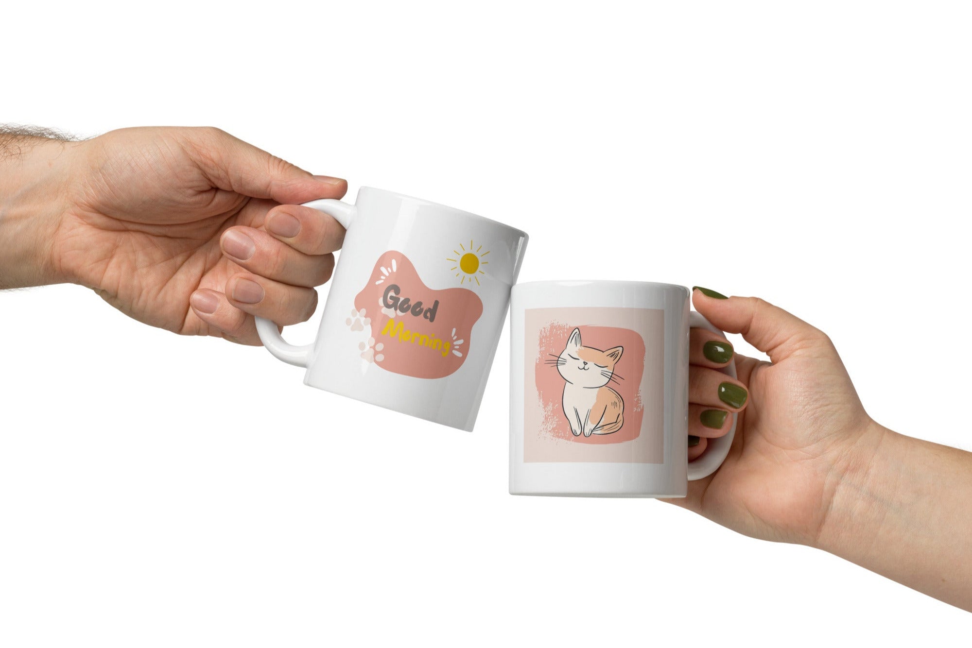 A set of ceramic coffee mugs with double-sided prints. One mug features a minimalist illustration of a cat on a beige background with a 'Good Morning' message and paw prints.